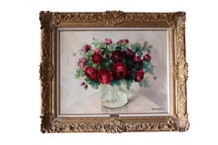 Grande peinture à l'huile Vintage Roses Art Floral Français dans un cadre doré