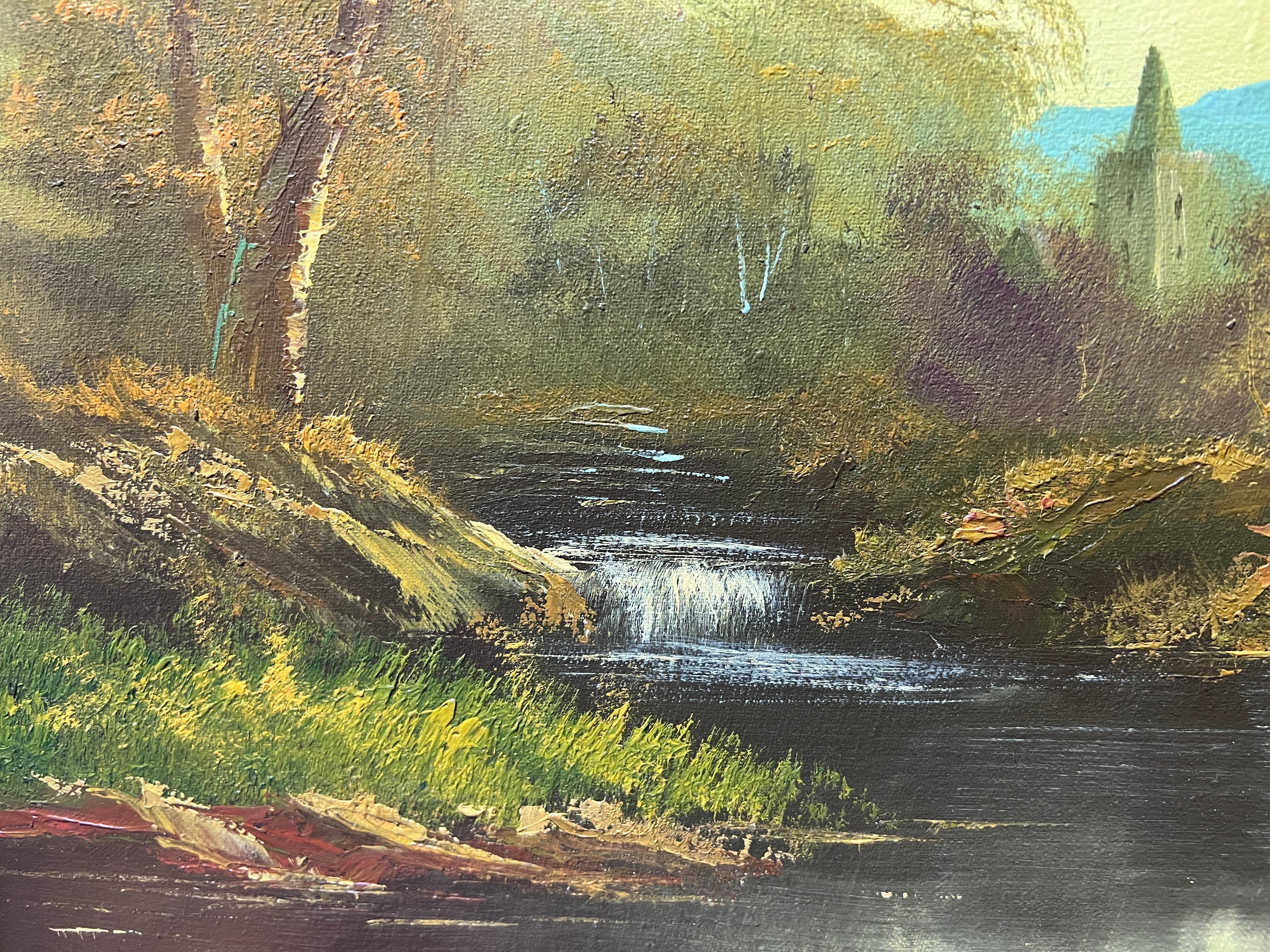 Large Vintage Signed oil painting on canvas Forest Landscape Gold Frame 6