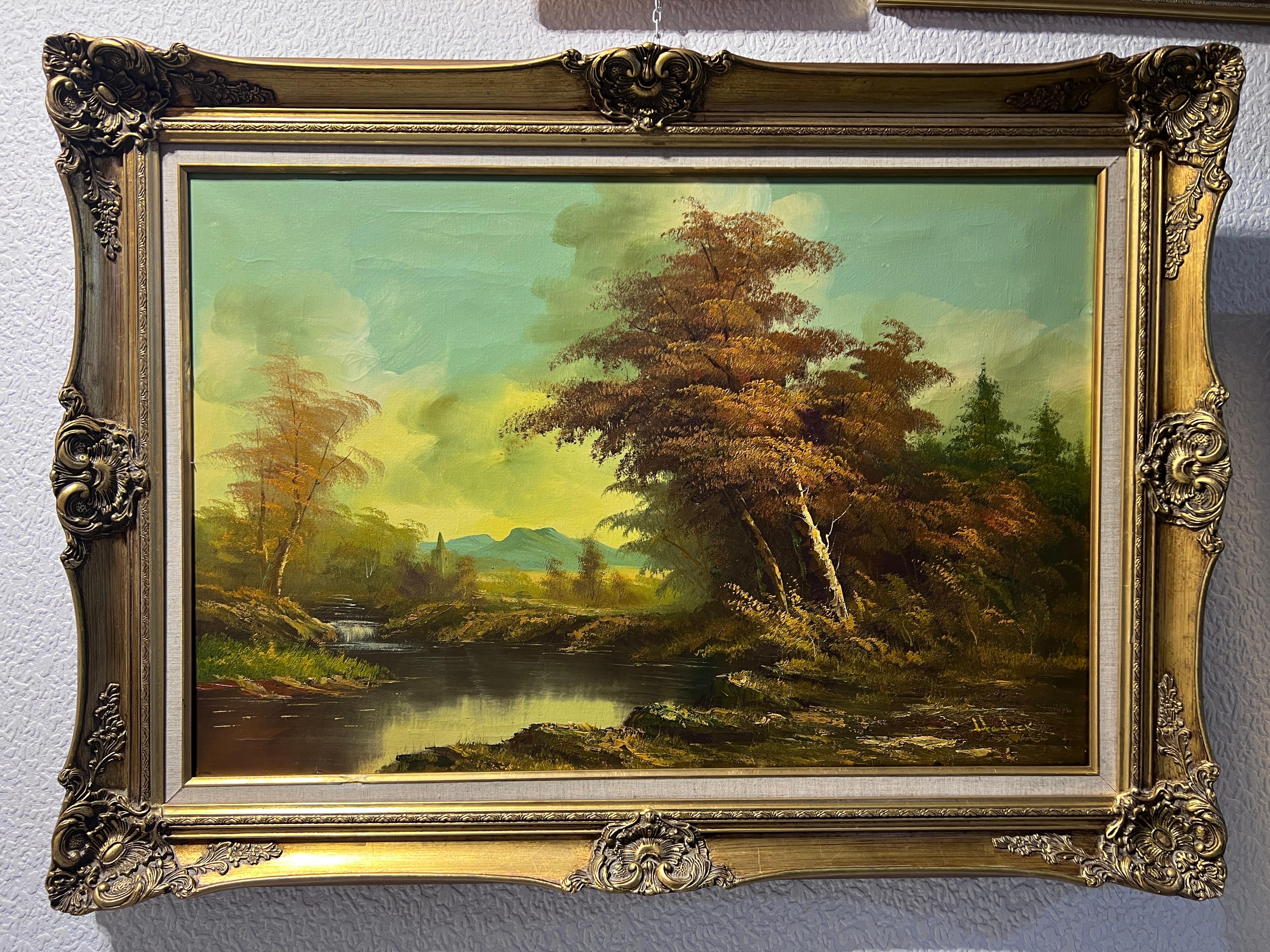 Large Vintage Signed oil painting on canvas Forest Landscape Gold Frame - Painting by Unknown