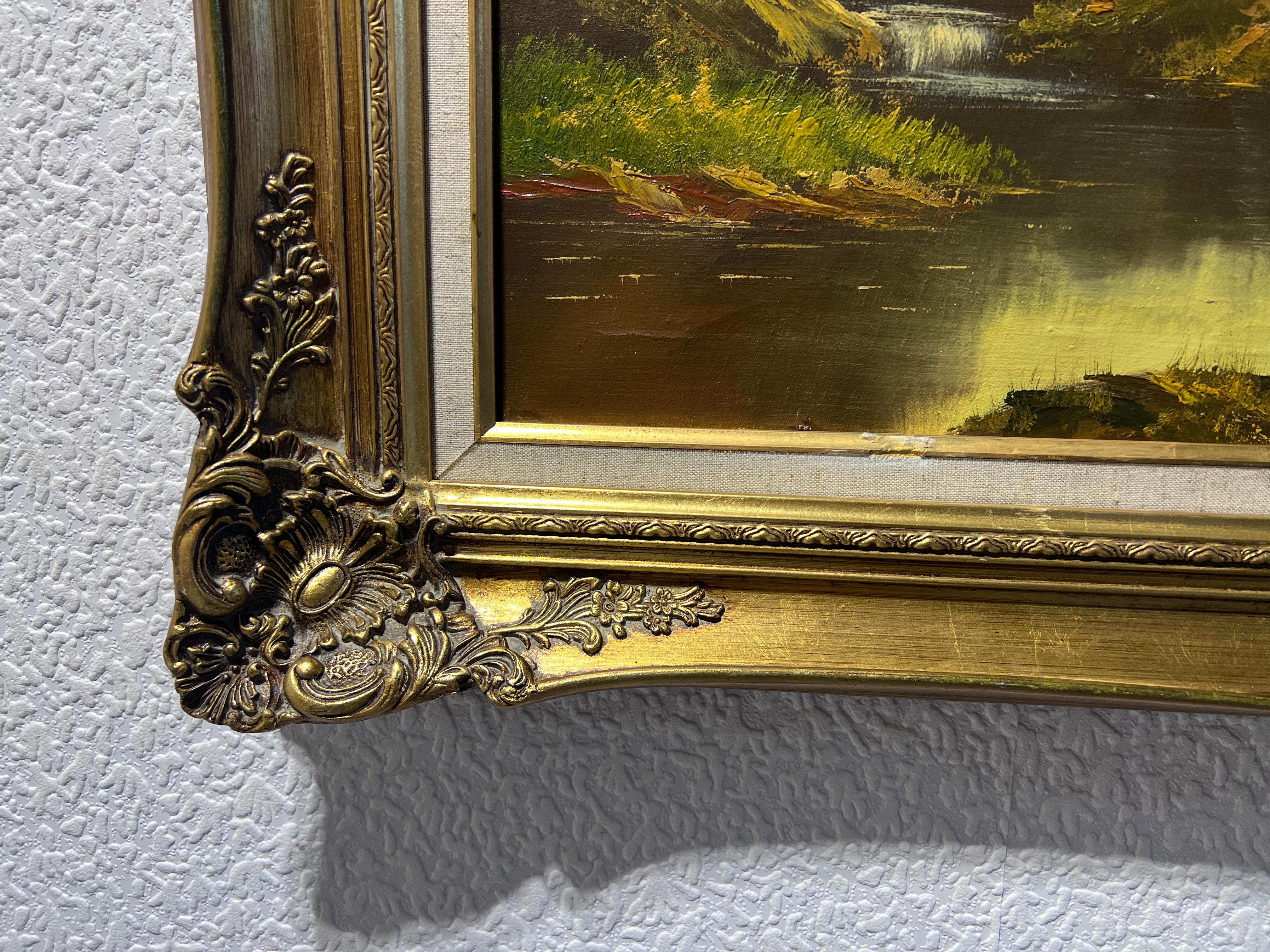 Up for sale is an original Large vintage oil painting on canvas depicting a beautiful summer landscape.

Signed illegible in the lower-right corner. Gorgeous ornate gold frame.

Condition: Good condition, some stable craquelures due to