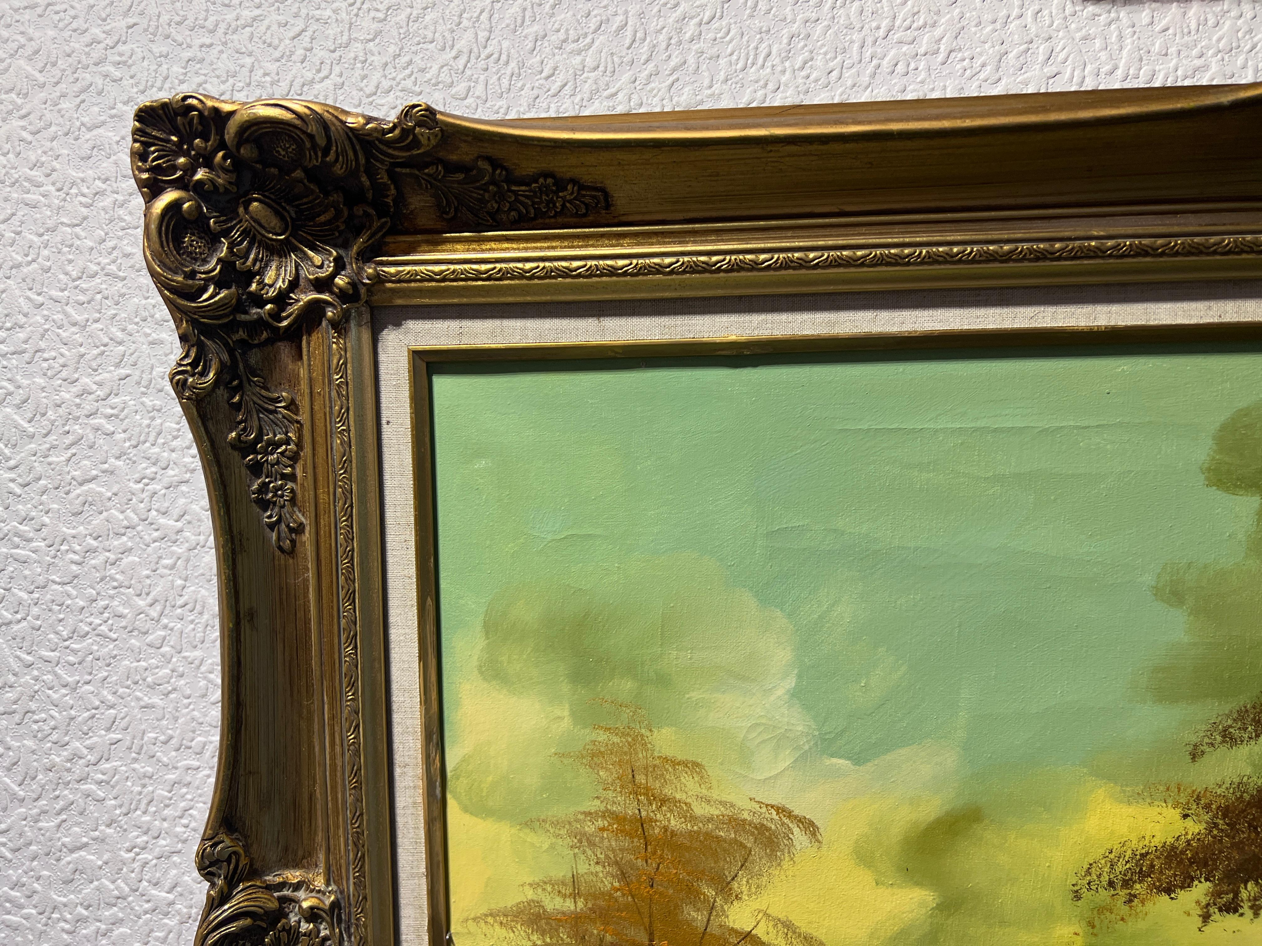Large Vintage Signed oil painting on canvas Forest Landscape Gold Frame 1