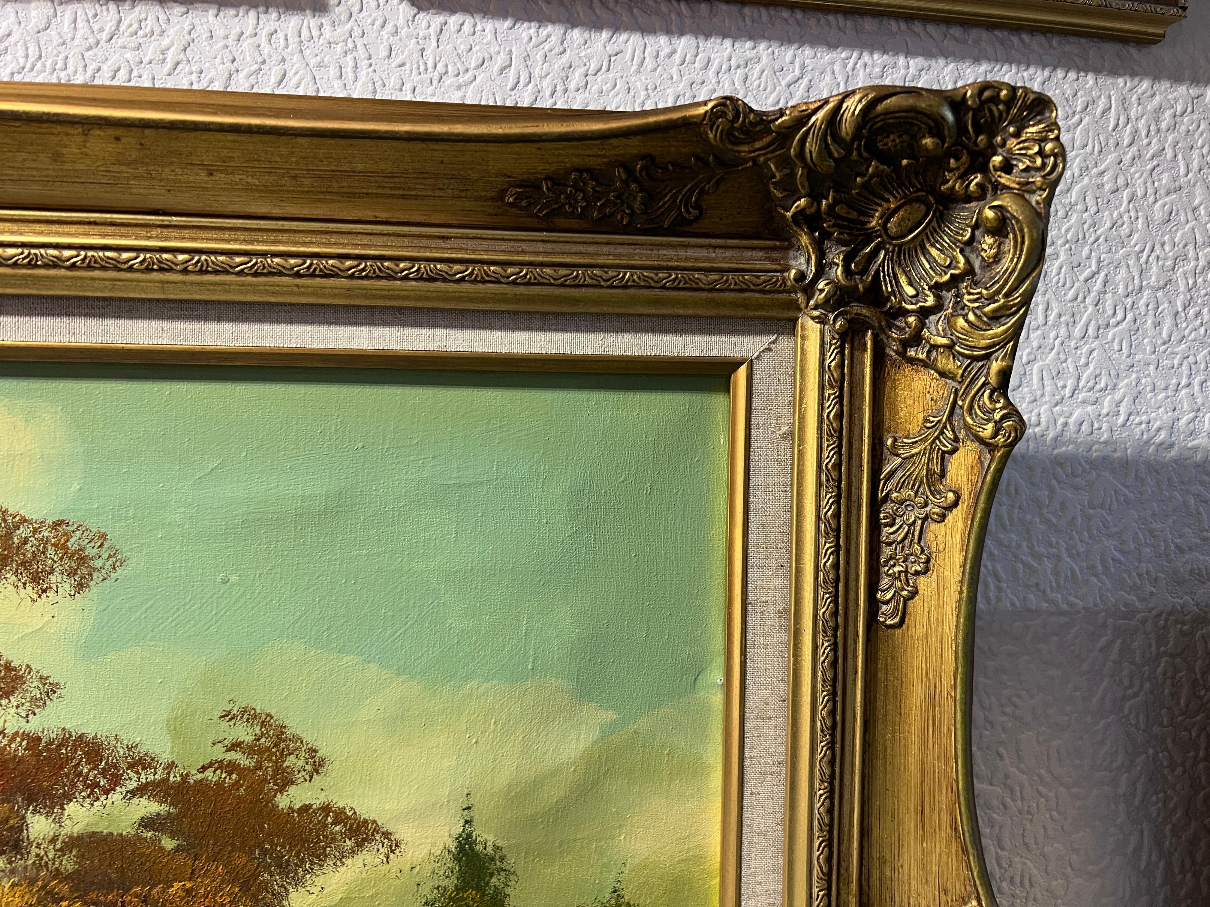 Large Vintage Signed oil painting on canvas Forest Landscape Gold Frame 2