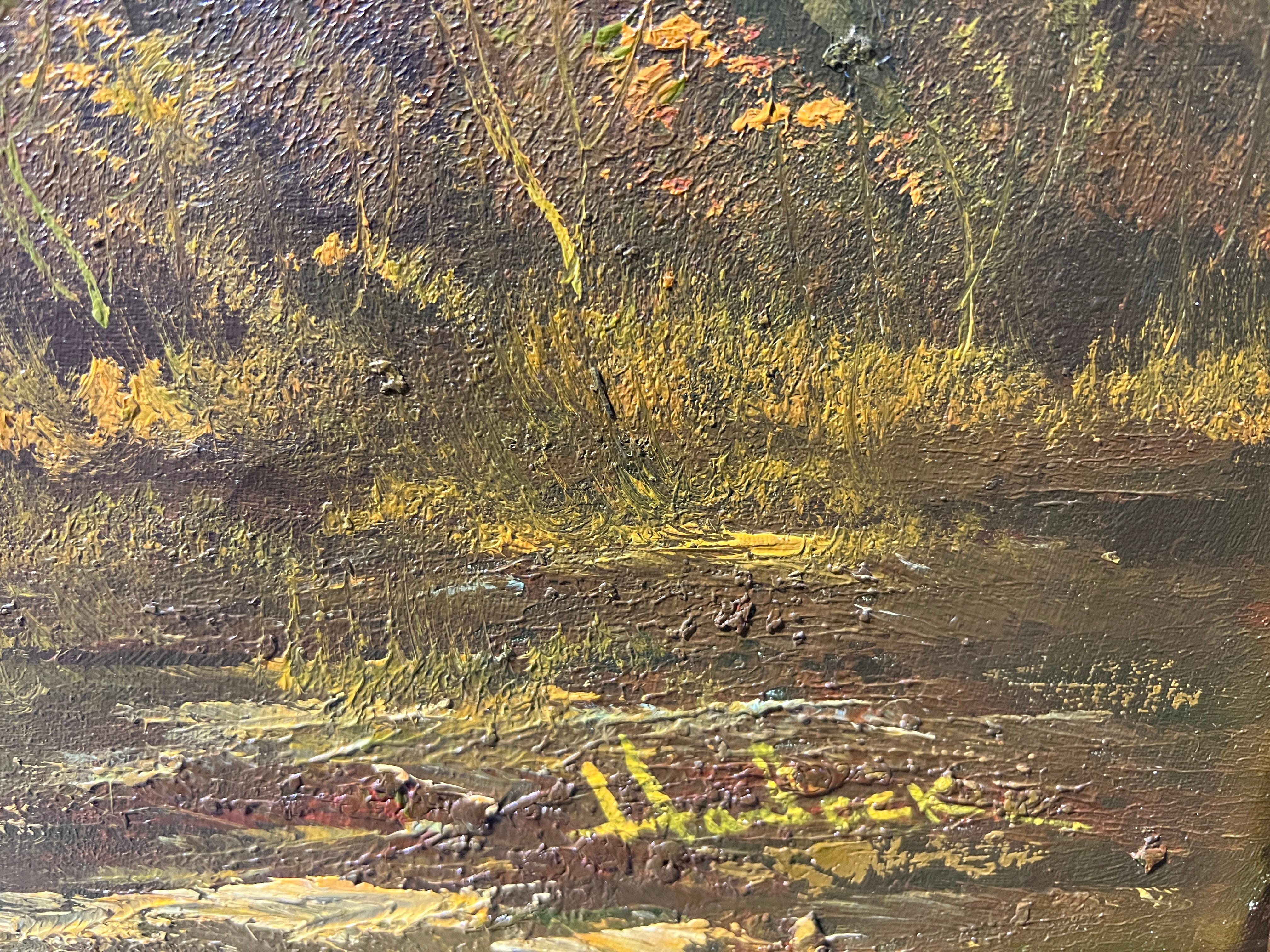 Large Vintage Signed oil painting on canvas Forest Landscape Gold Frame 4