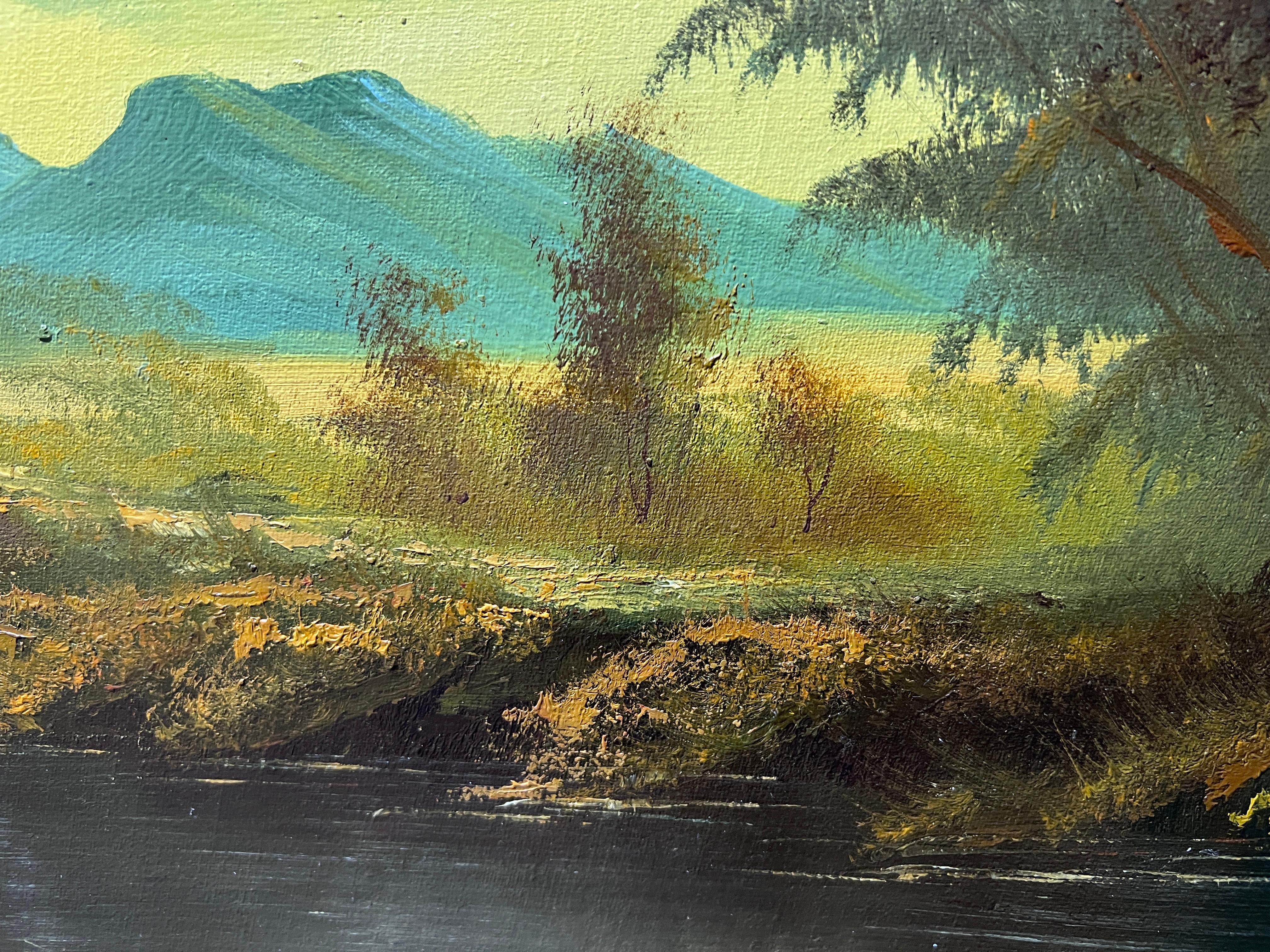 Large Vintage Signed oil painting on canvas Forest Landscape Gold Frame 5