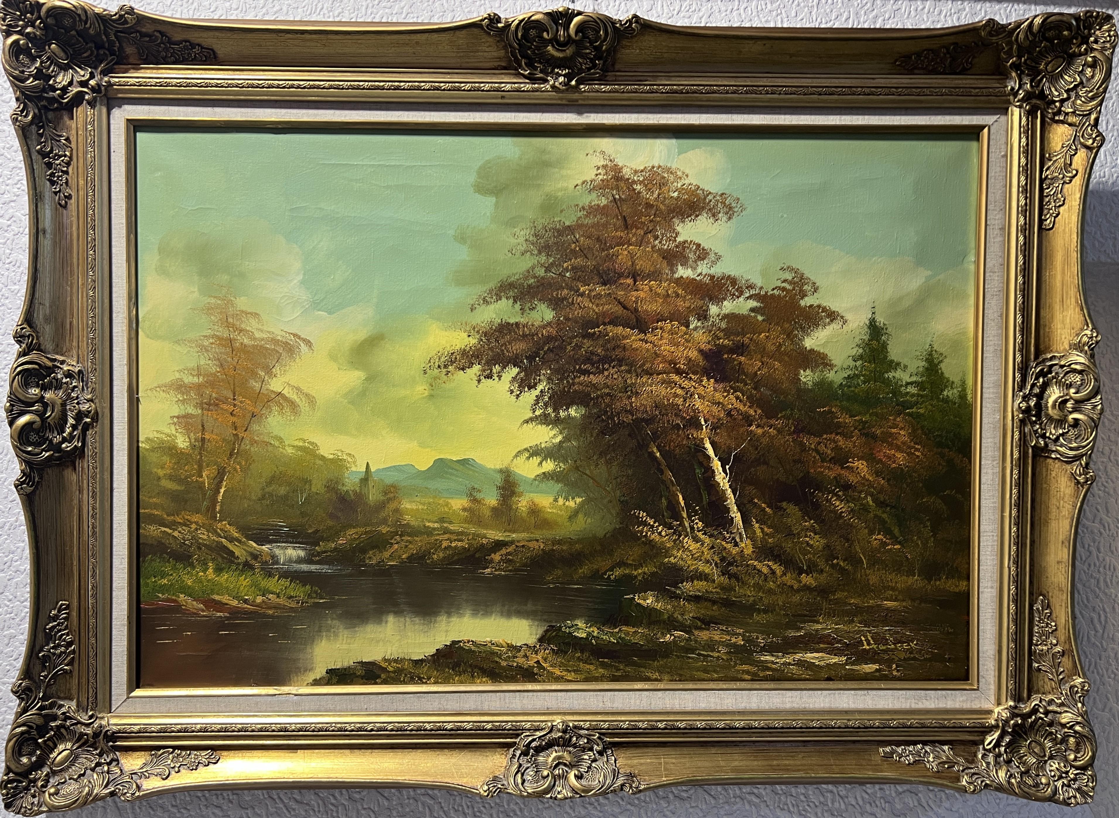 Unknown Landscape Painting - Large Vintage Signed oil painting on canvas Forest Landscape Gold Frame