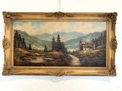 Large VTG Alpine Mountain Landscape Oil Painting European Cabin Framed Signed
