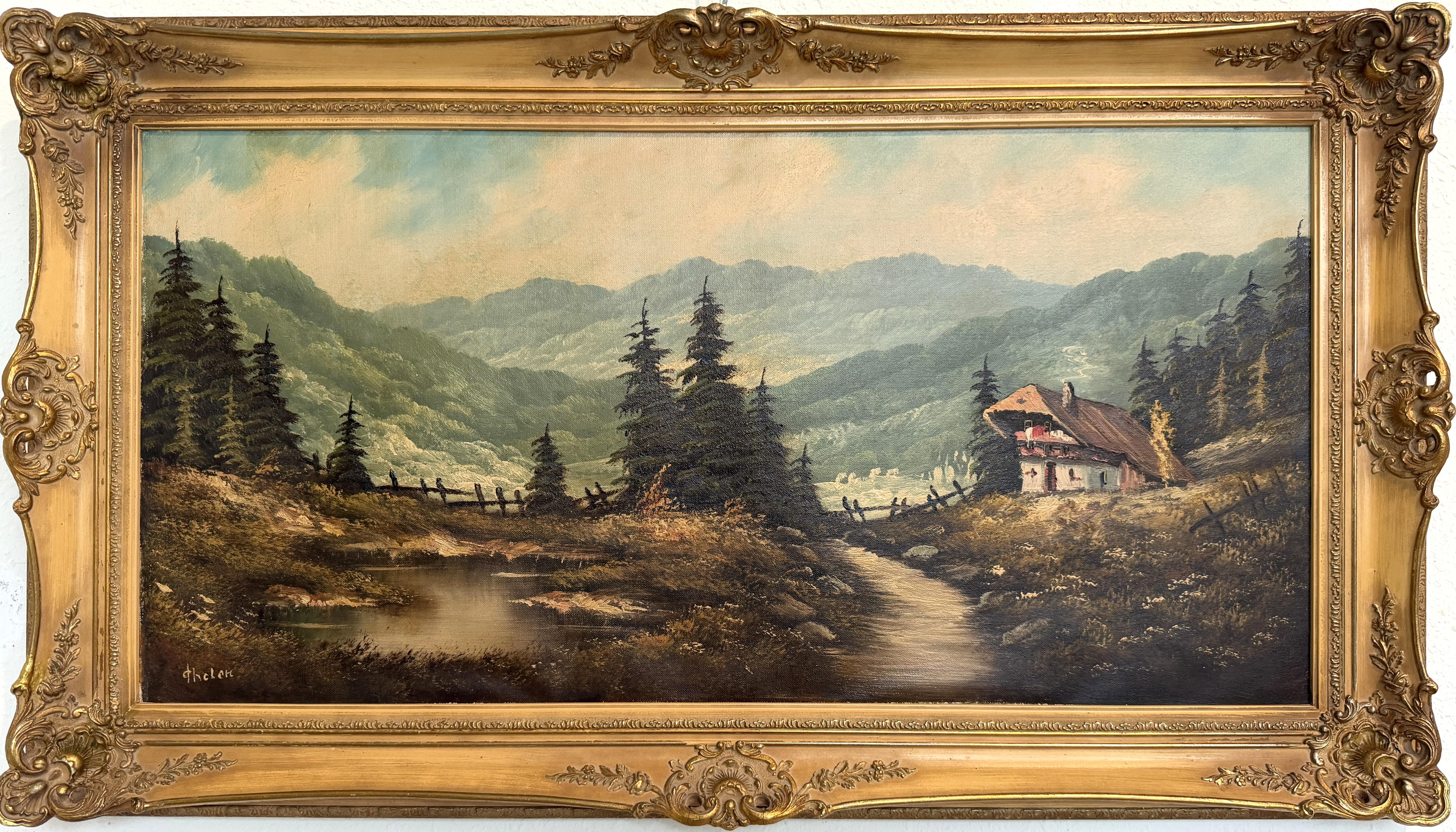 Grande dipinto a olio di un paesaggio alpino VTG con baita europea, incorniciato e firmato