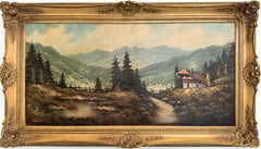Large VTG Alpine Mountain Landscape Oil Painting European Cabin Framed Signed