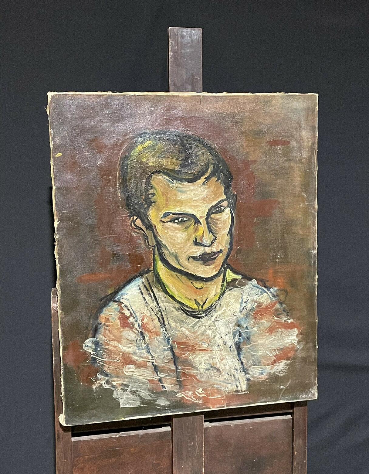 LARGE1970'S FRENCH MODERNIST OIL - PORTRAIT OF A YOUNG MAN - Painting by Unknown