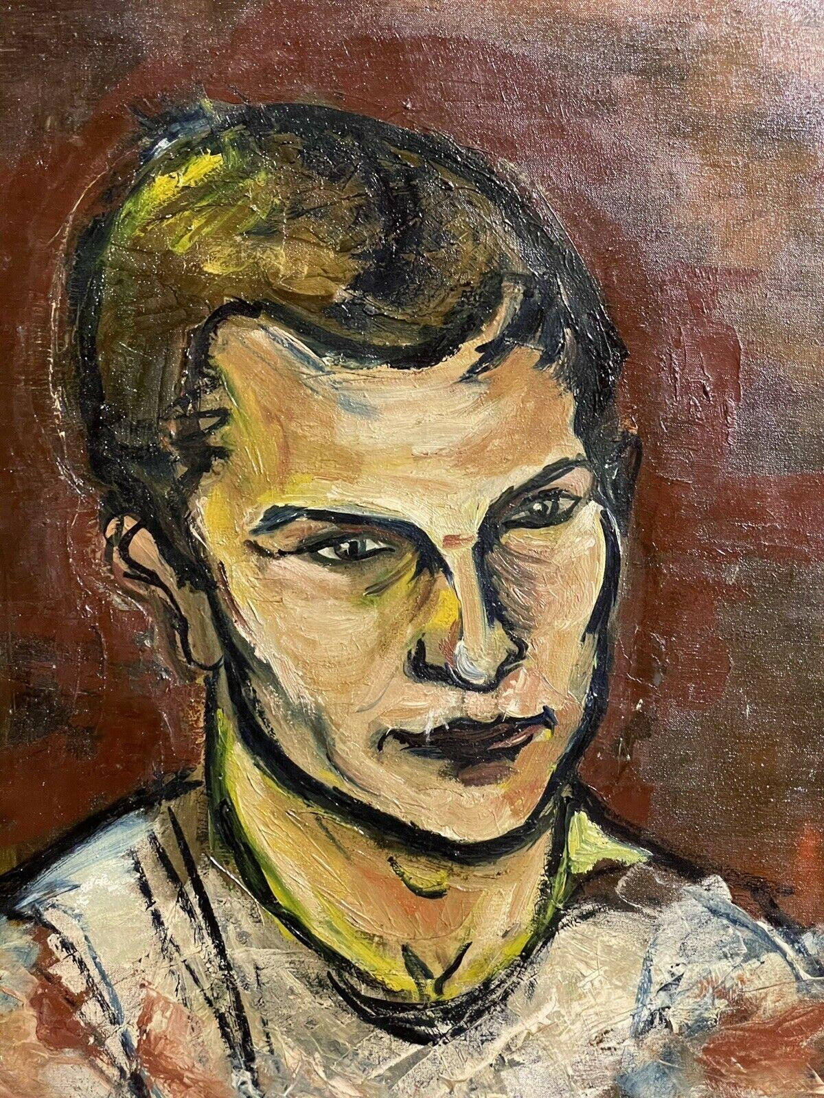 LARGE 1970er französische MODERNIST-OIL - PORTRAIT eines YOUNG MAN (Braun), Still-Life Painting, von Unknown