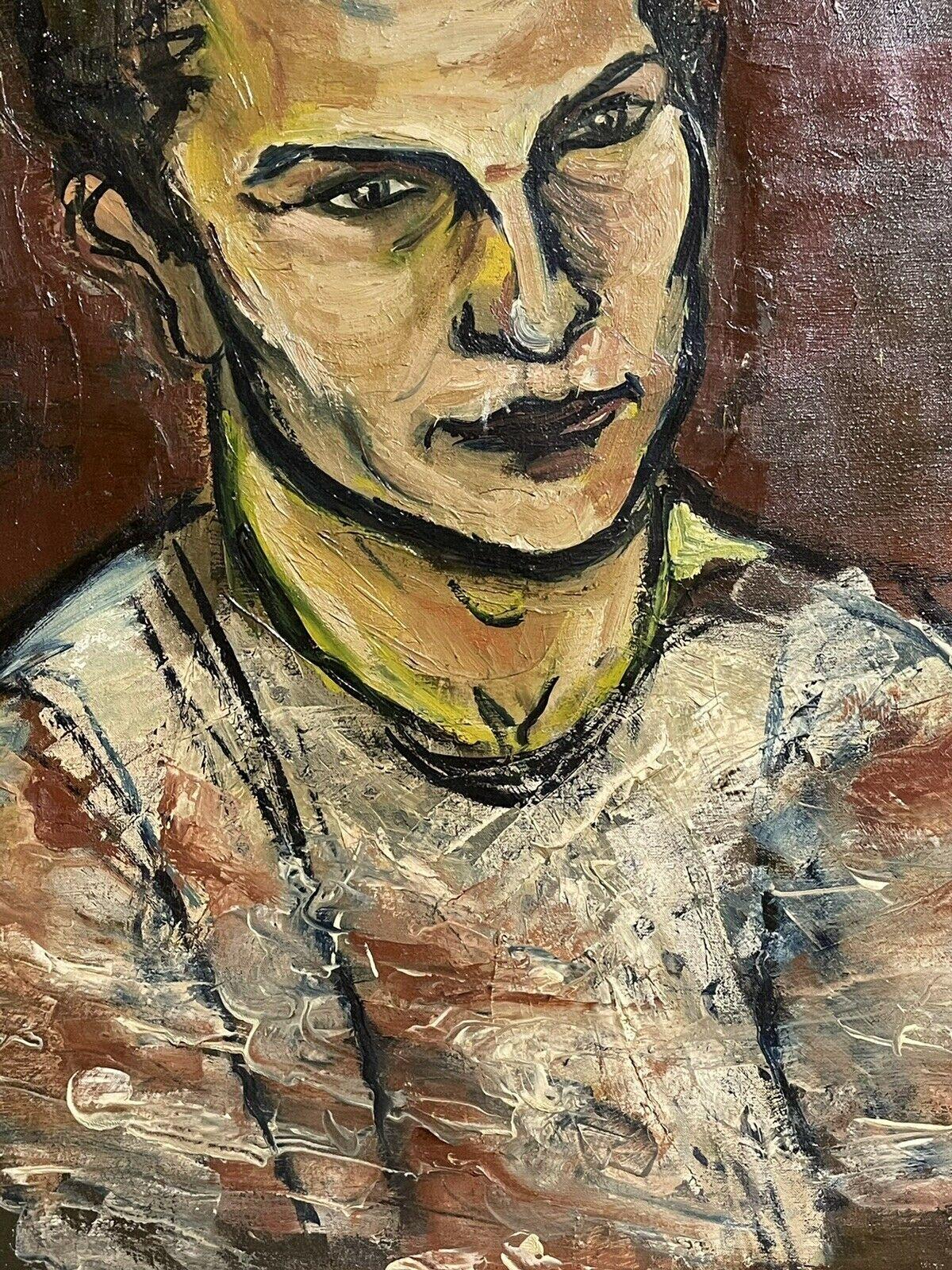 LARGE1970'S FRENCH MODERNIST OIL - PORTRAIT OF A YOUNG MAN - Brown Still-Life Painting by Unknown