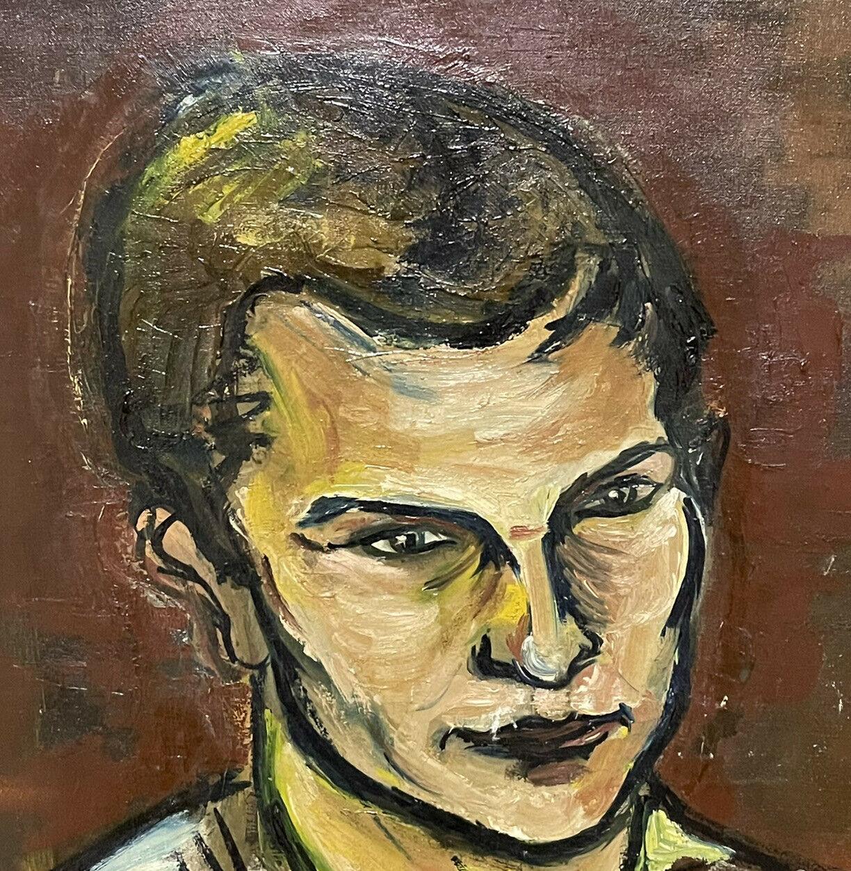 Artist: French School, circa 1970's

Title: Portrait of a Young Man

Medium: oil painting, on coarse textured canvas. 

Size:   painting: 28.5 x 23.5 inches
         
Provenance: private collection, France

Condition: The painting is in good and