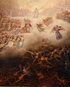 Antique Last Judgement Paint 18th Century Oil on canvas Roman School Religious Devil Art