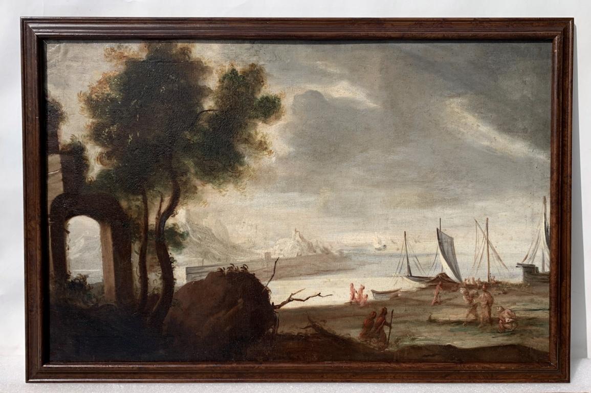 Peintre italien baroque - Peinture de paysage du 17e siècle - Scène de port - Painting de Unknown