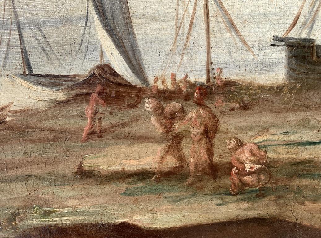 Peintre italien baroque - Peinture de paysage du 17e siècle - Scène de port en vente 2