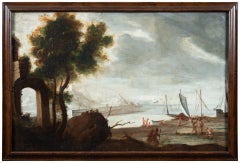 Late 17th century Italian landscape painting - Port Scene - Oil on canvas Italy