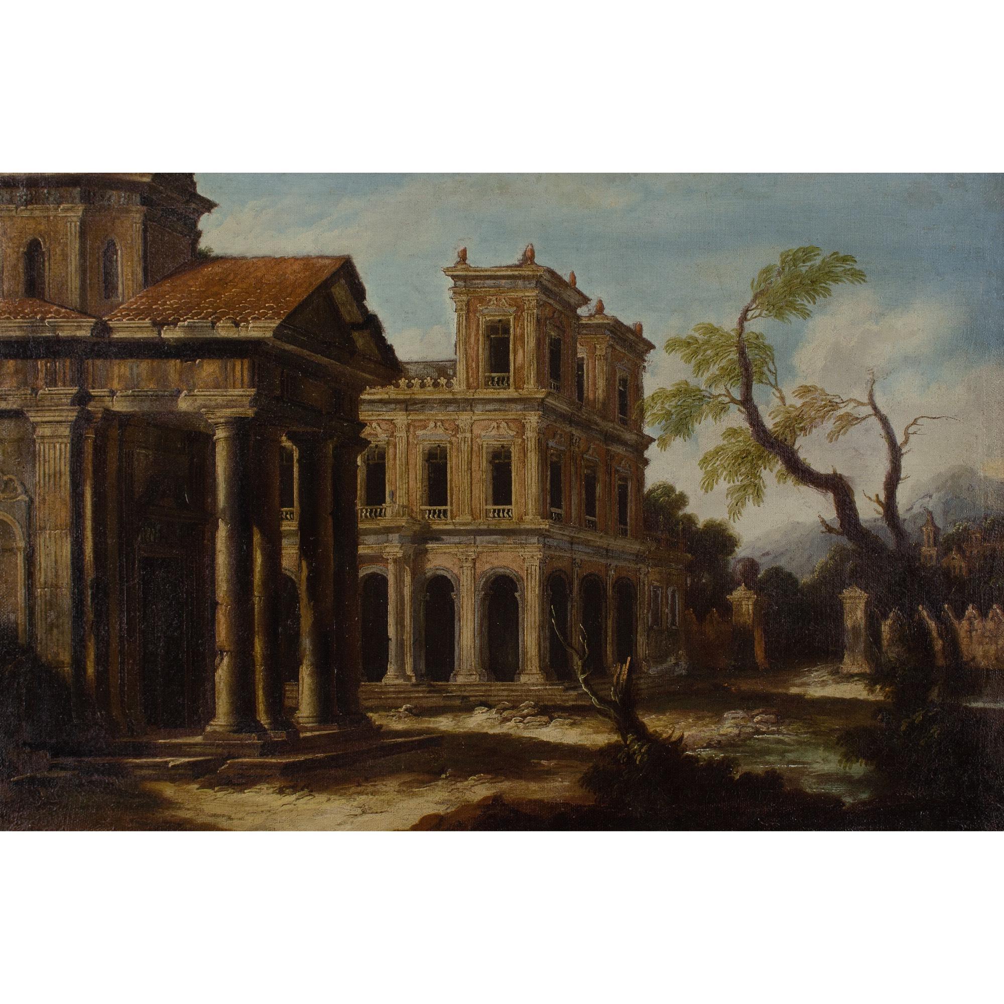 Escuela italiana de finales del siglo XVII, Capriccio arquitectónico con pórtico - Painting de Unknown