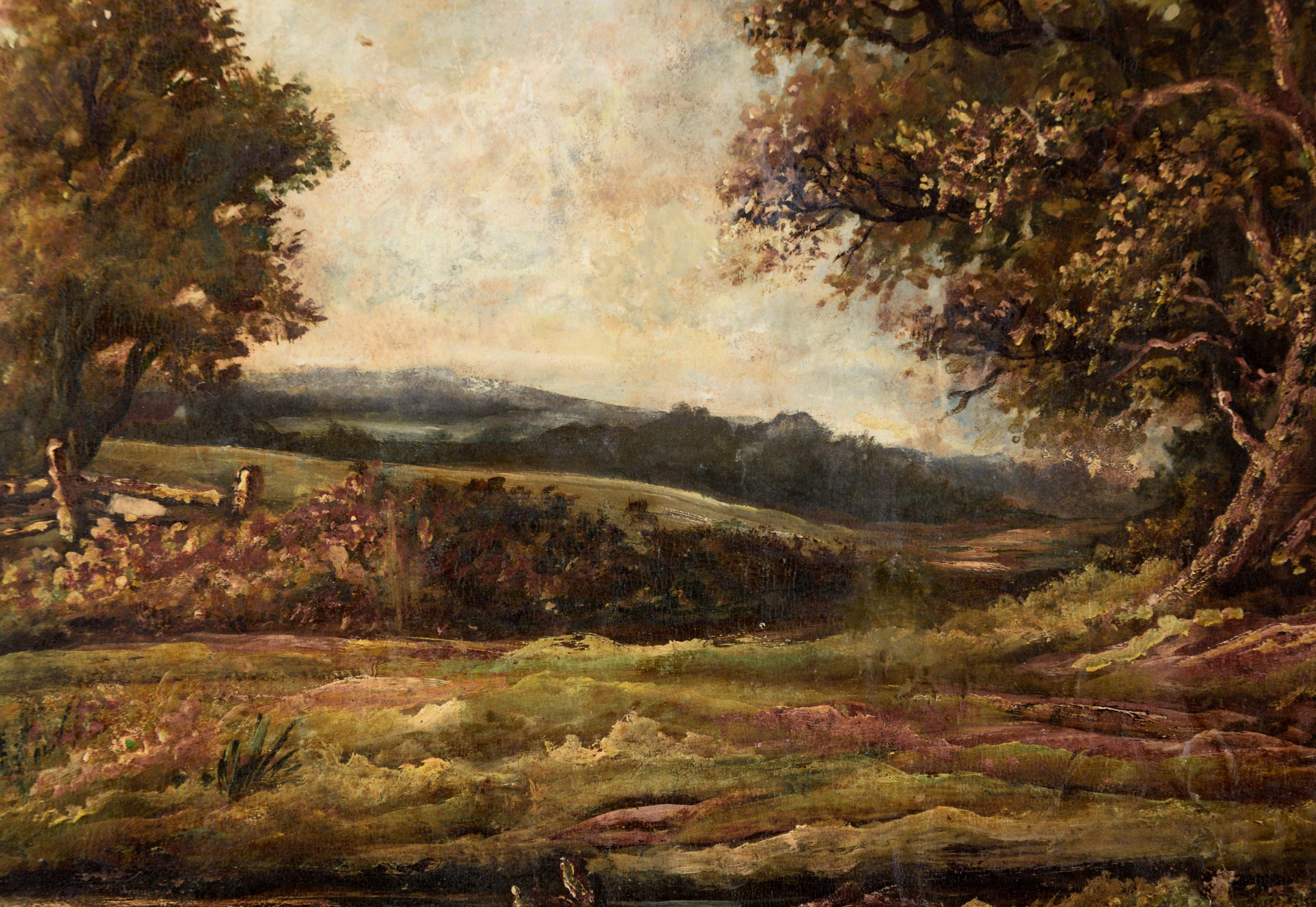 Scène de campagne naturaliste de la fin des années 1800 à la gouache sur papier - Marron Landscape Painting par Unknown