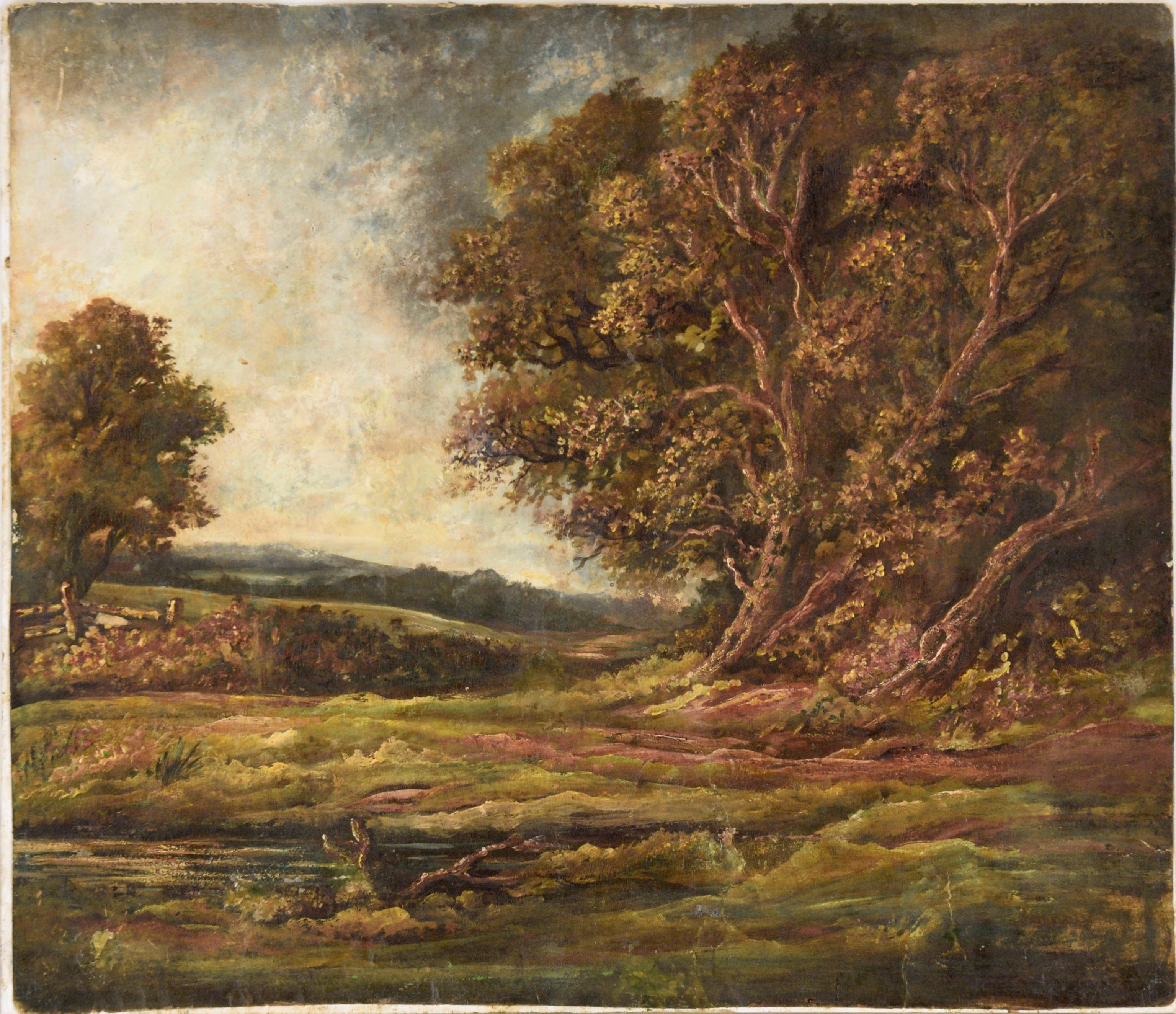 Scena di campagna naturalistica di fine Ottocento in guazzo su carta