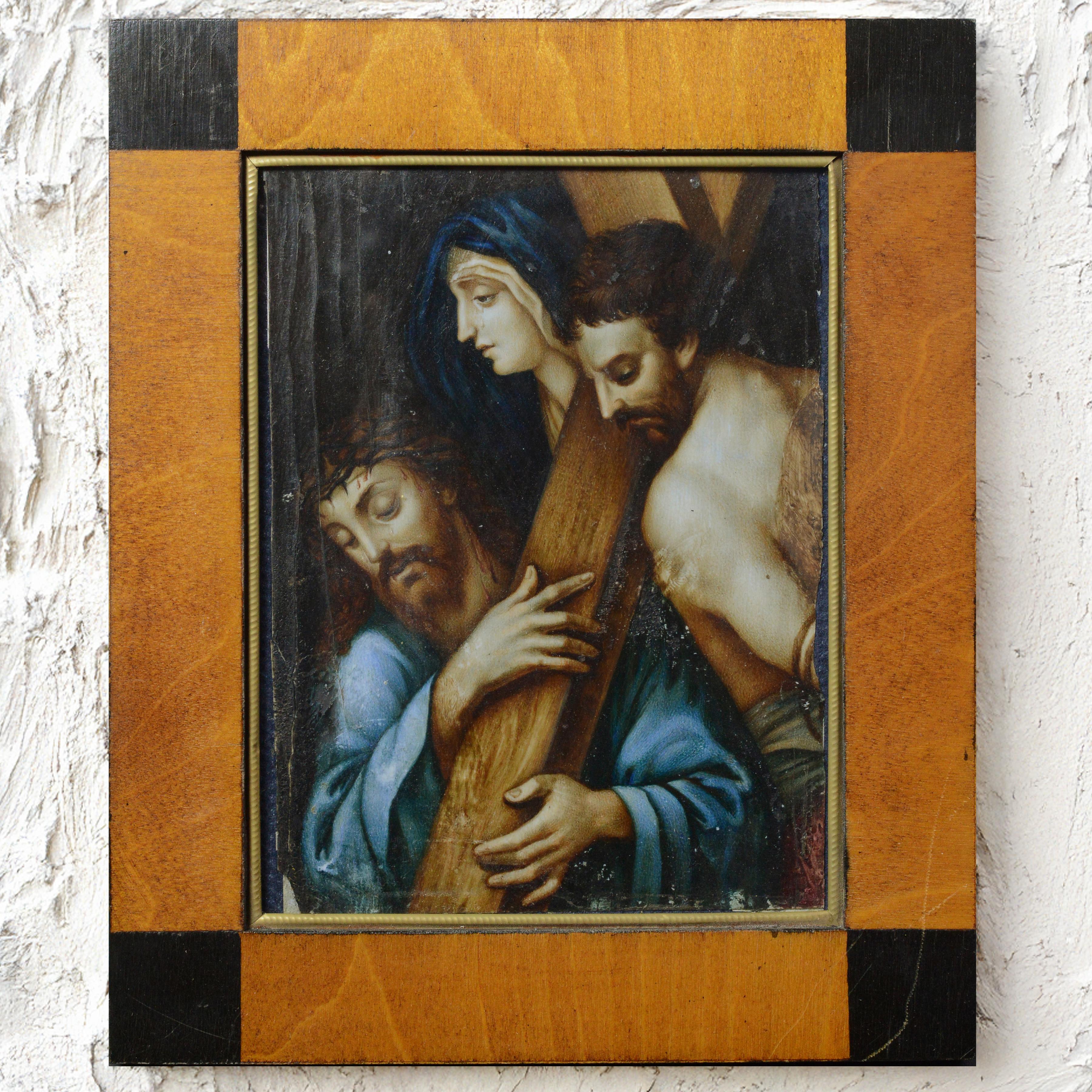 Late 18th Century Antique Religious Gouache Miniature Jesus Carrying the Cross - Painting by Unknown