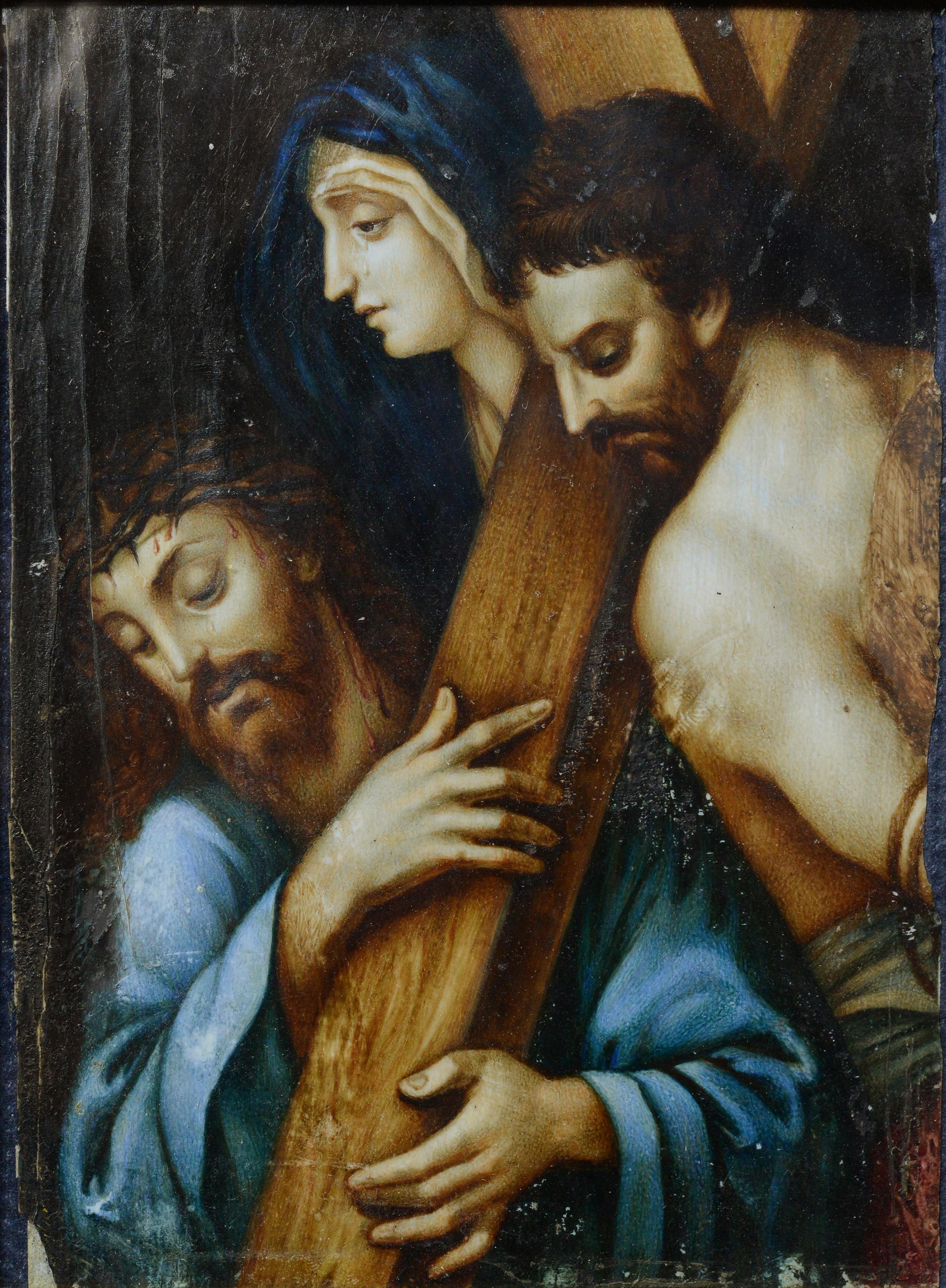 Late 18th Century Antique Religious Gouache Miniature Jesus Carrying the Cross - Realist Painting by Unknown