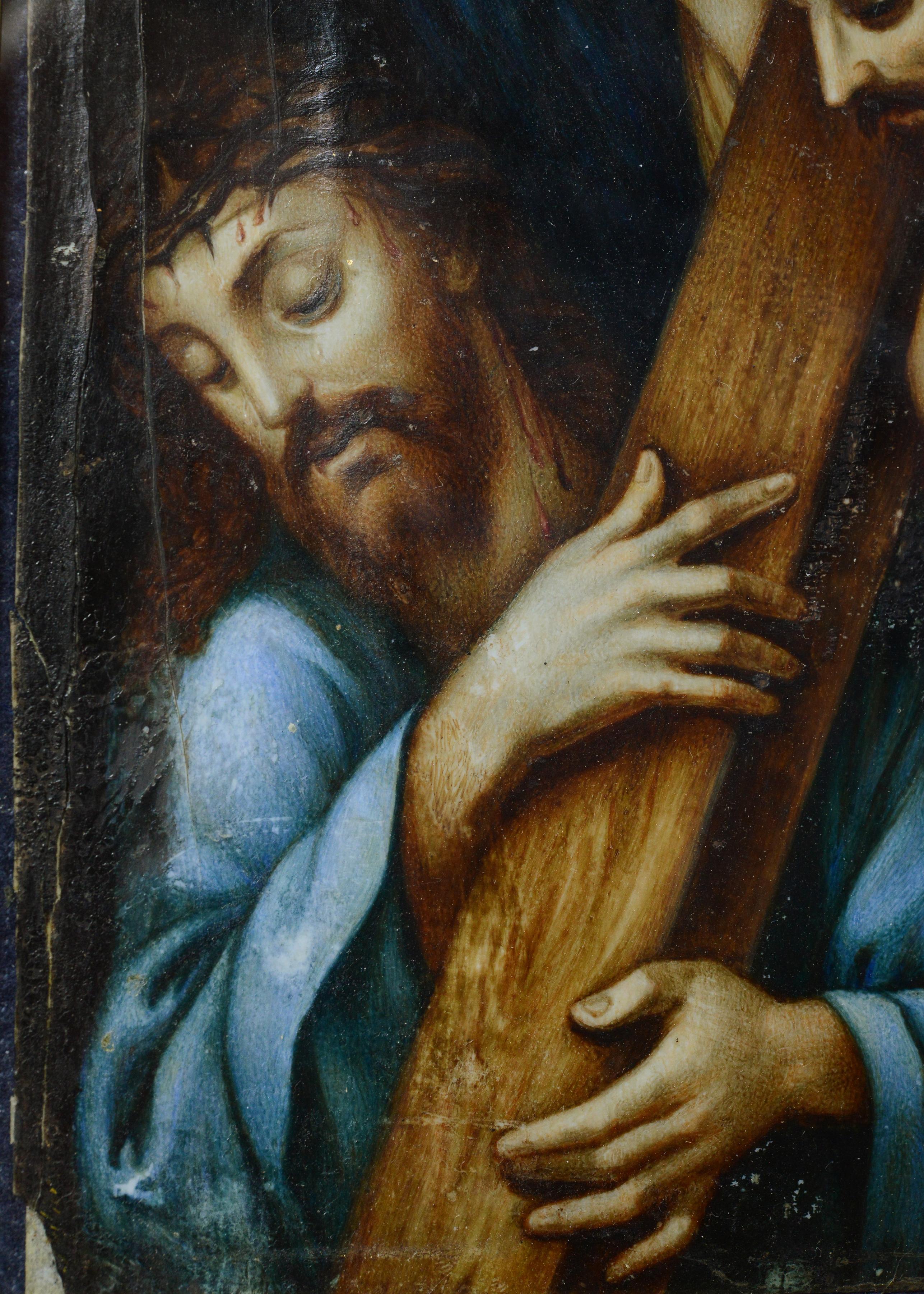 Late 18th Century Antique Religious Gouache Miniature Jesus Carrying the Cross - Brown Portrait Painting by Unknown