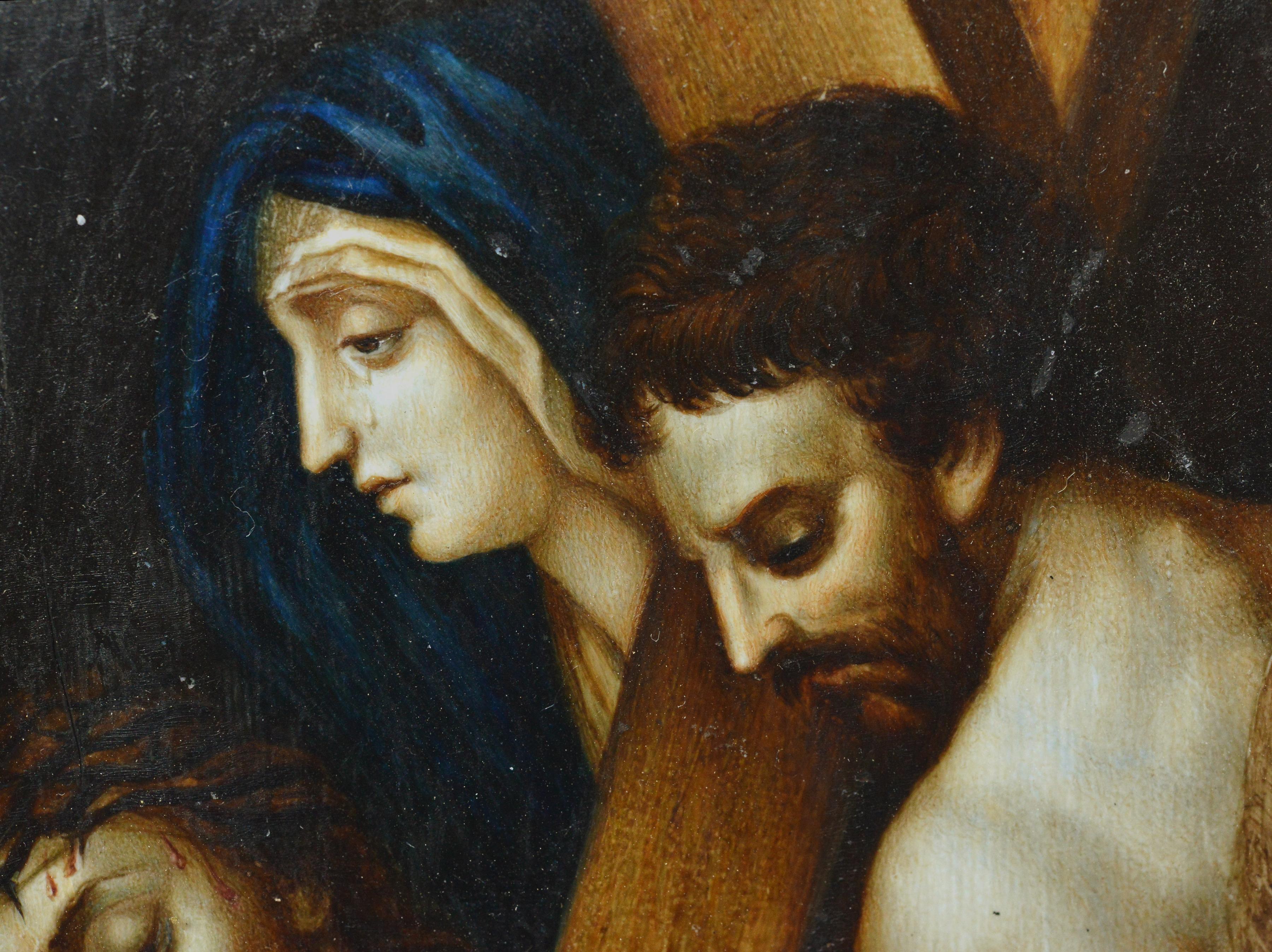 This exceptional late 18th century miniature depicts a sorrowful moment from the Passion of Christ: Jesus carrying his cross to Calvary. The composition focuses on three central figures: Christ bearing his cross, the grieving Virgin Mary with an