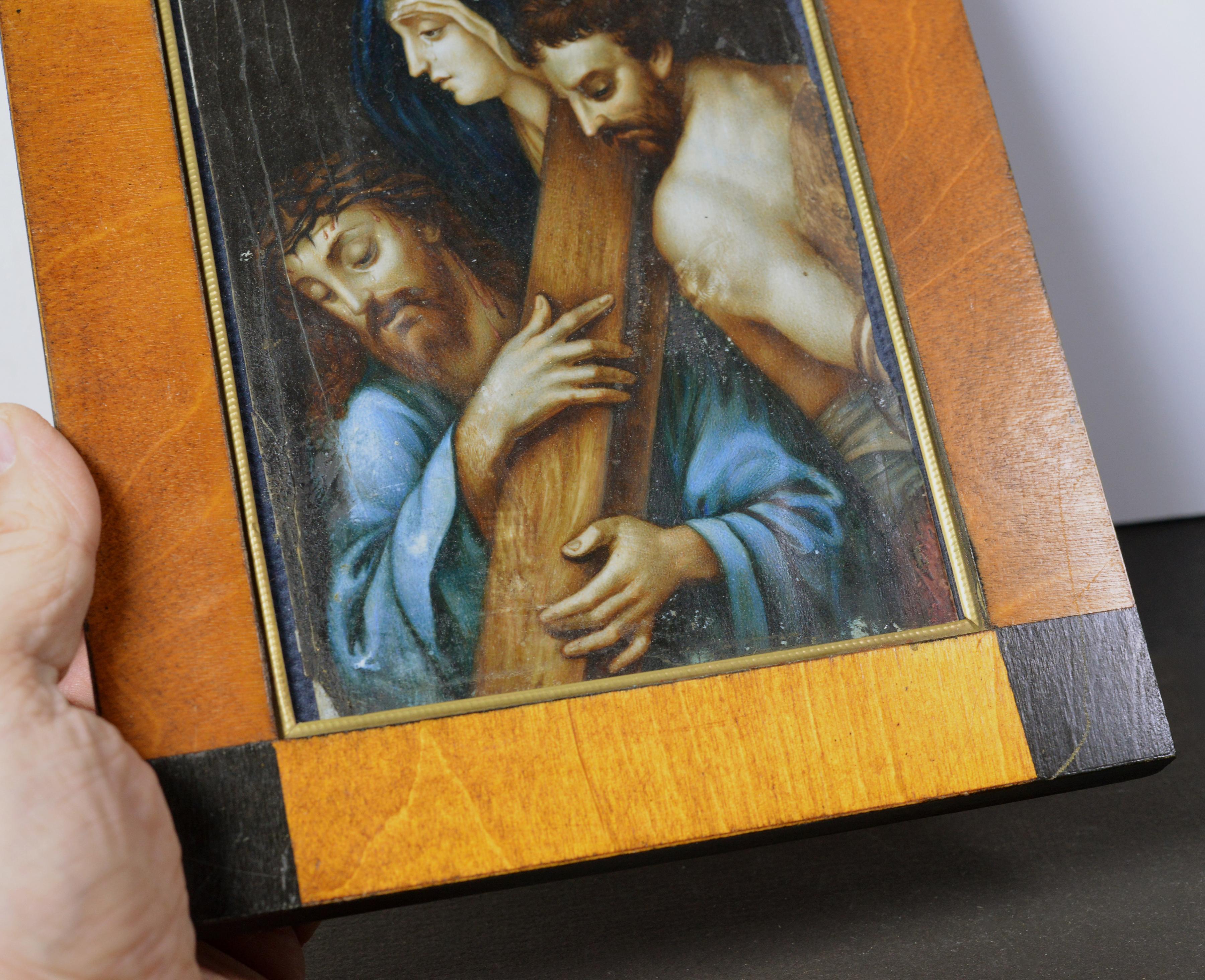 Late 18th Century Antique Religious Gouache Miniature Jesus Carrying the Cross For Sale 1