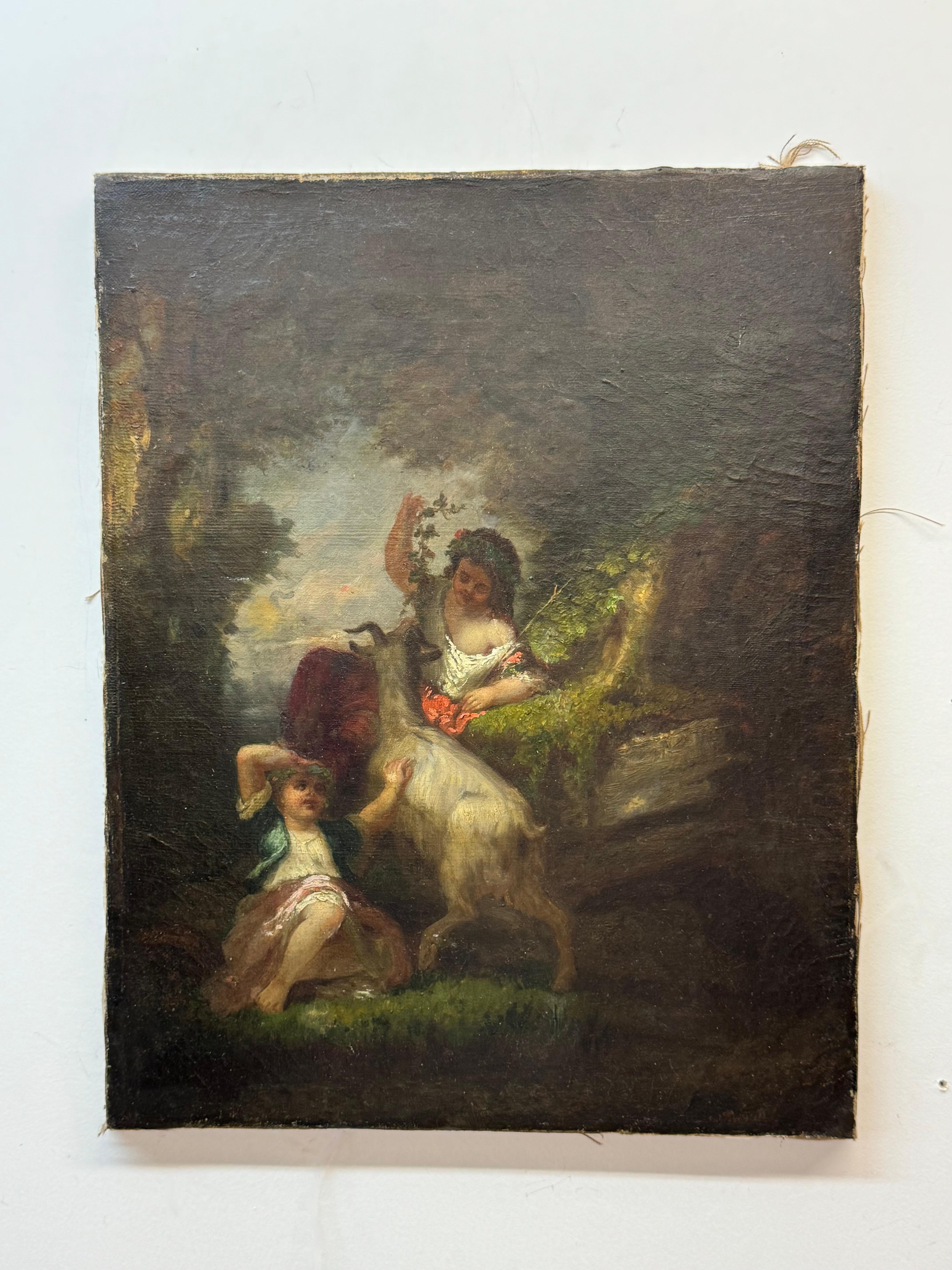 Unknown Landscape Painting - Late 18th – early 19th century landscape with two young girls, and goat