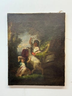Antique Late 18th – early 19th century landscape with two young girls, and goat 