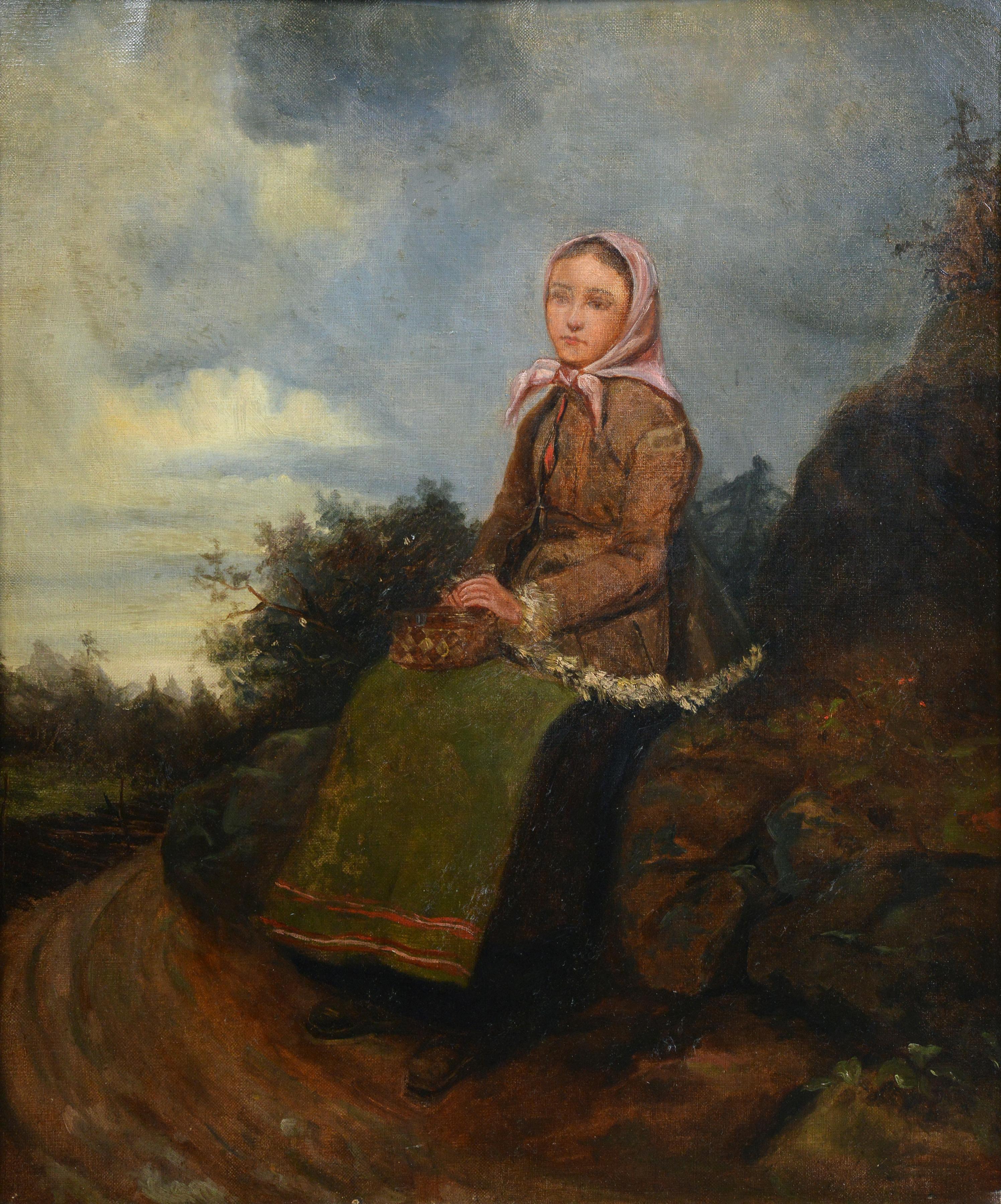 Late 19th Century Antique Oil Portrait of Young Peasant Girl Resting by Road - Painting by Unknown