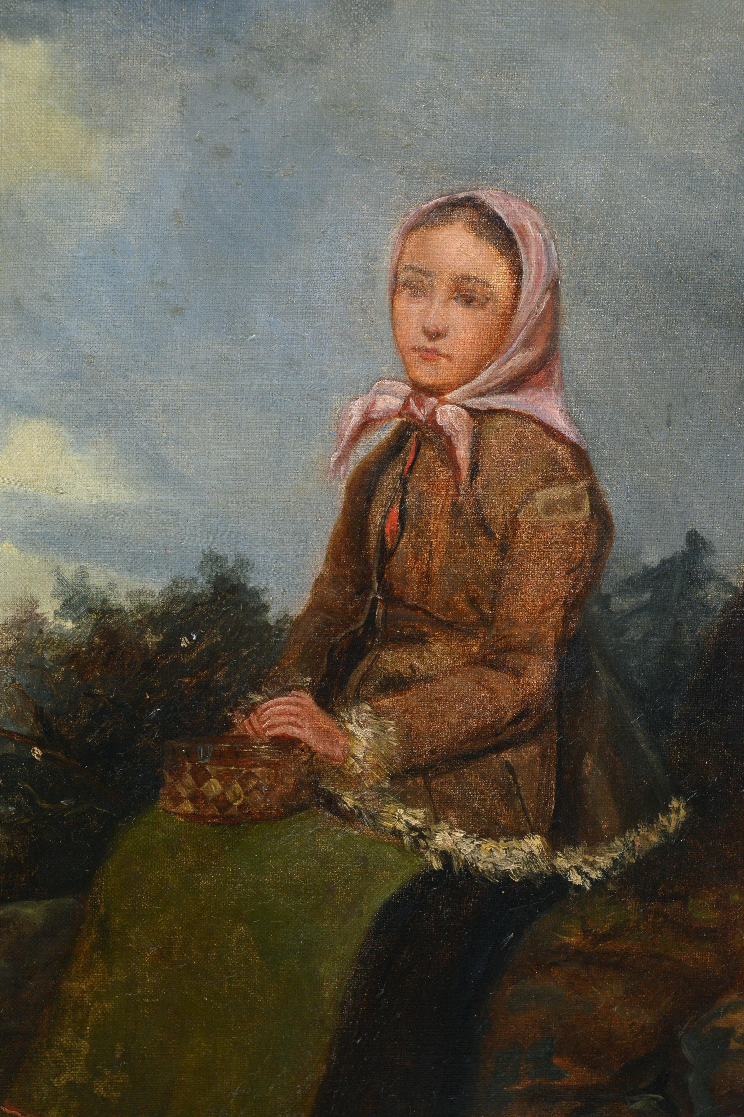 Late 19th Century Antique Oil Portrait of Young Peasant Girl Resting by Road - Realist Painting by Unknown