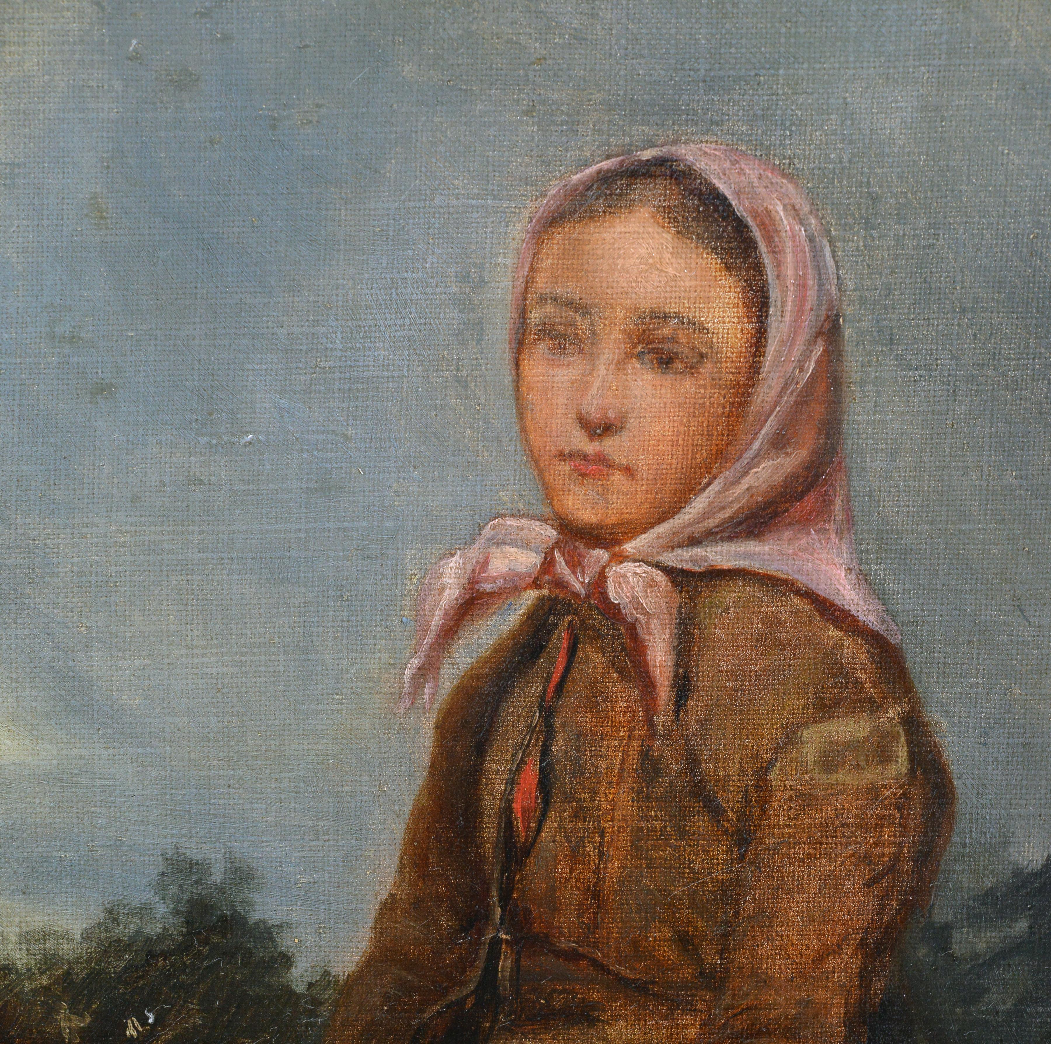 Late 19th Century Antique Oil Portrait of Young Peasant Girl Resting by Road - Brown Landscape Painting by Unknown