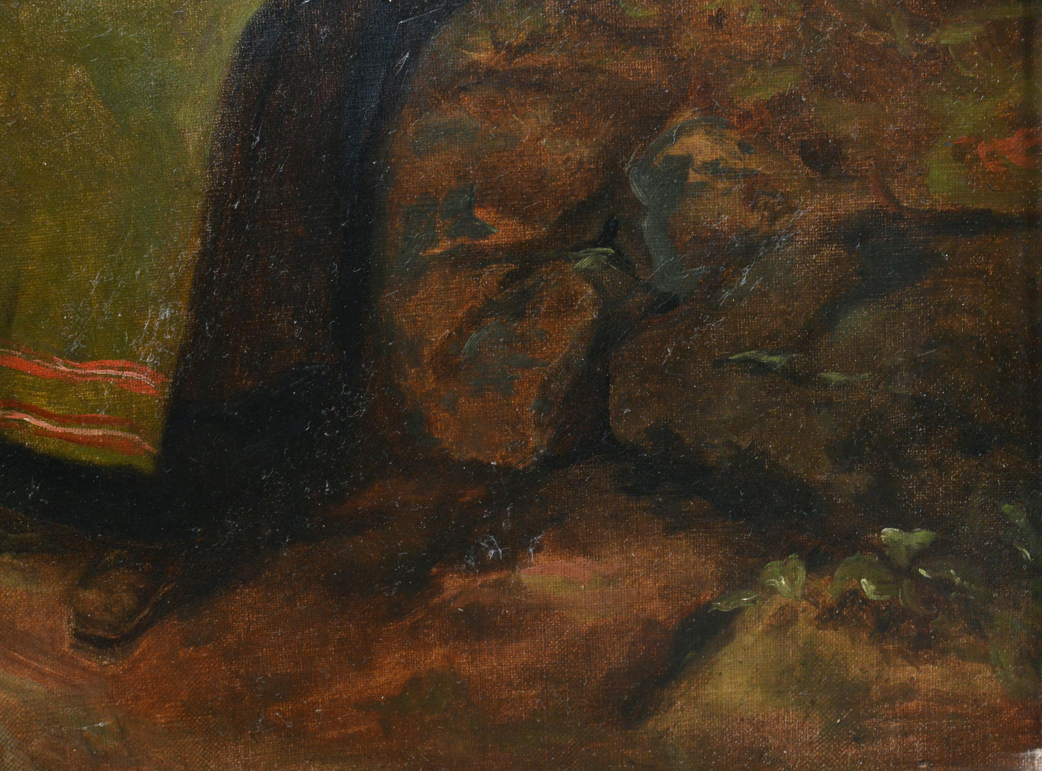 This enchanting original oil painting on canvas depicts a young Scandinavian peasant girl in traditional folk costume who has paused on a winding road to rest. The melancholic beauty wears a warm short fur jacket and pink headscarf and holds a small
