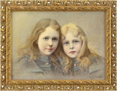 Late 19th-Century Austrian School, Portrait Of Two Girls, Antique Oil Painting 