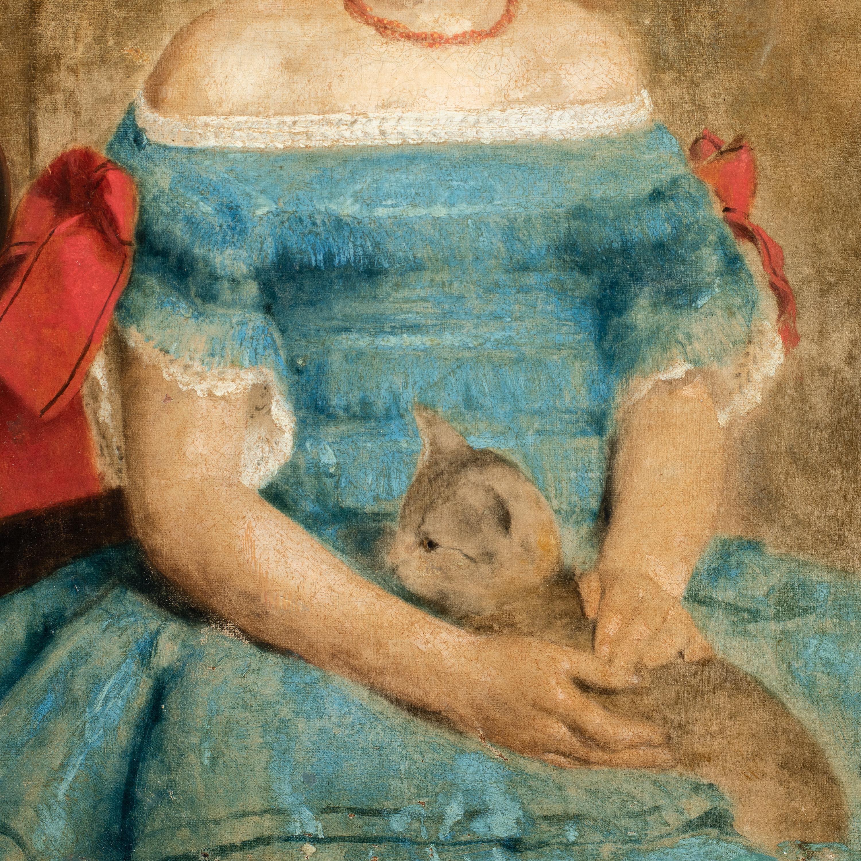 Late 19th century British figure painting - Girl’s portait with cat - English - Art Nouveau Painting by Unknown