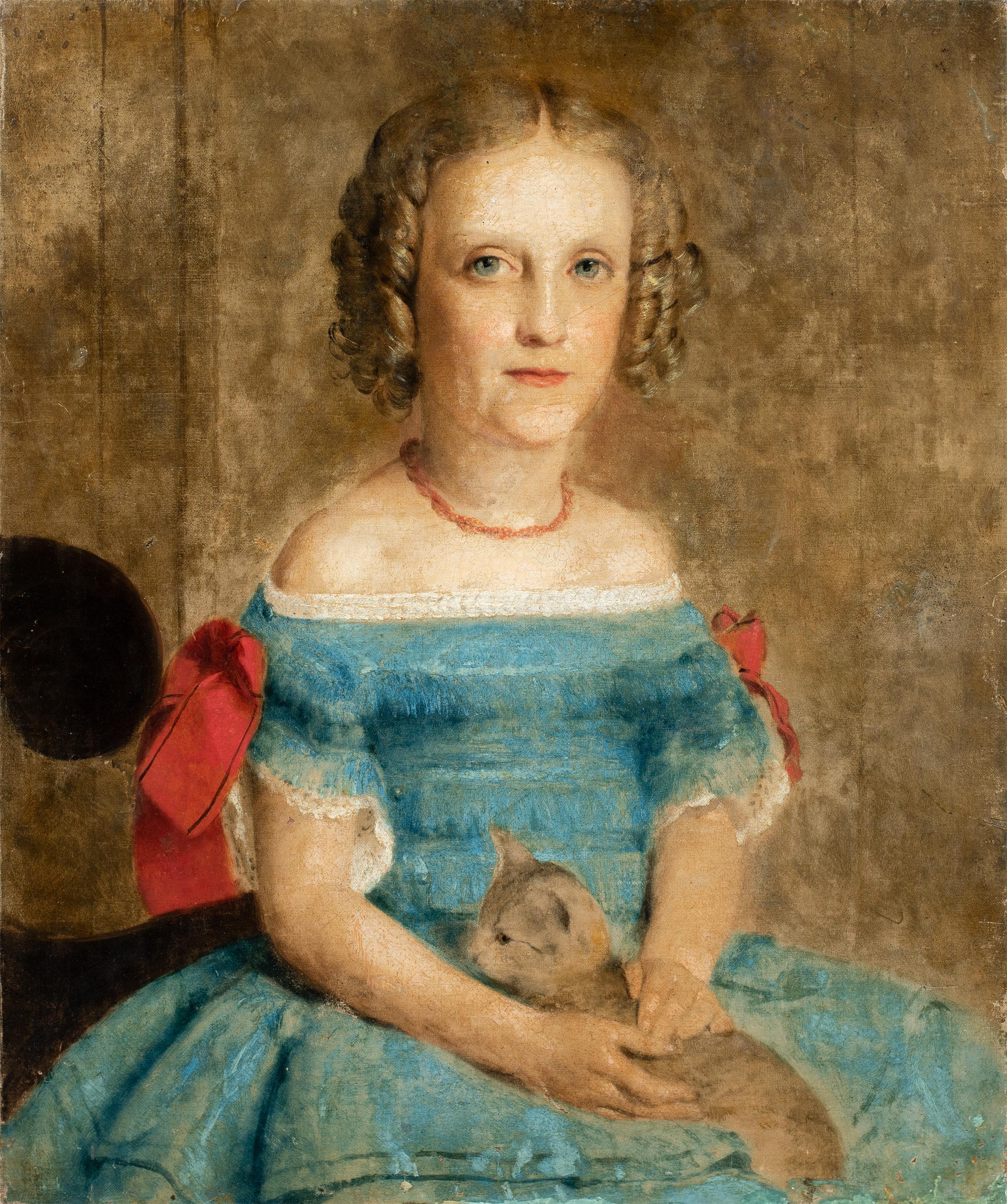 Peinture figurative britannique de la fin du 19e siècle - Portait de fille avec chat - English