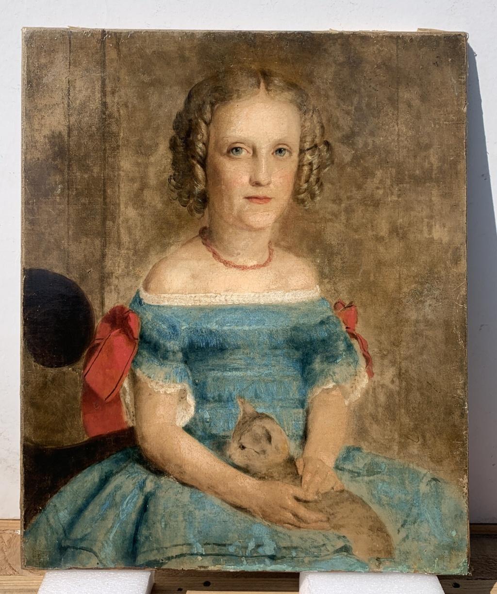 Late 19th century British figure painting - Girl’s portait with cat - English - Painting by Unknown