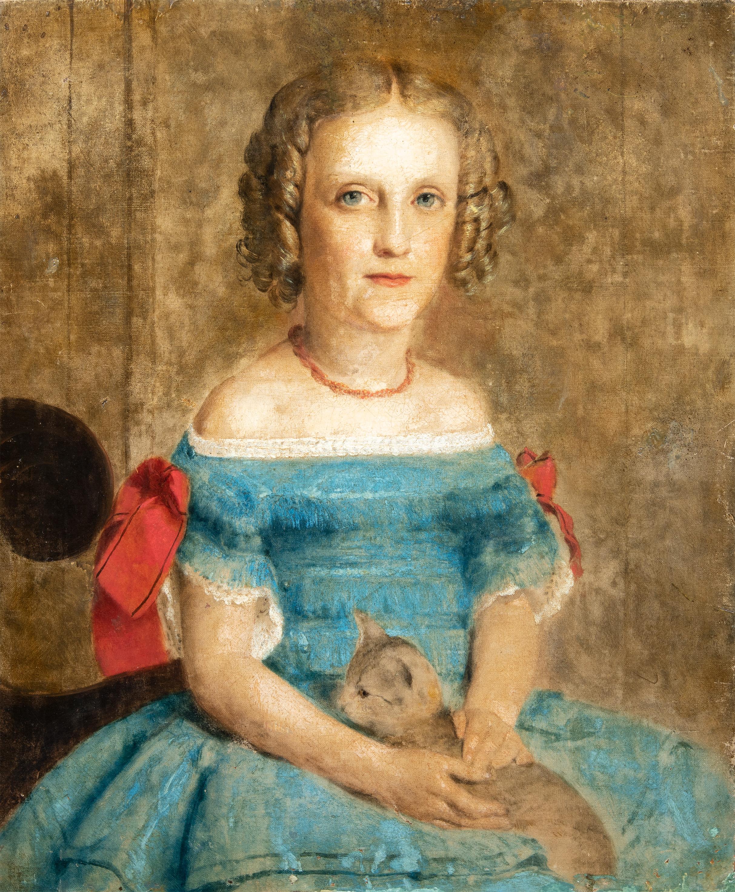 Unknown Portrait Painting - Late 19th century British figure painting - Girl’s portait with cat - English