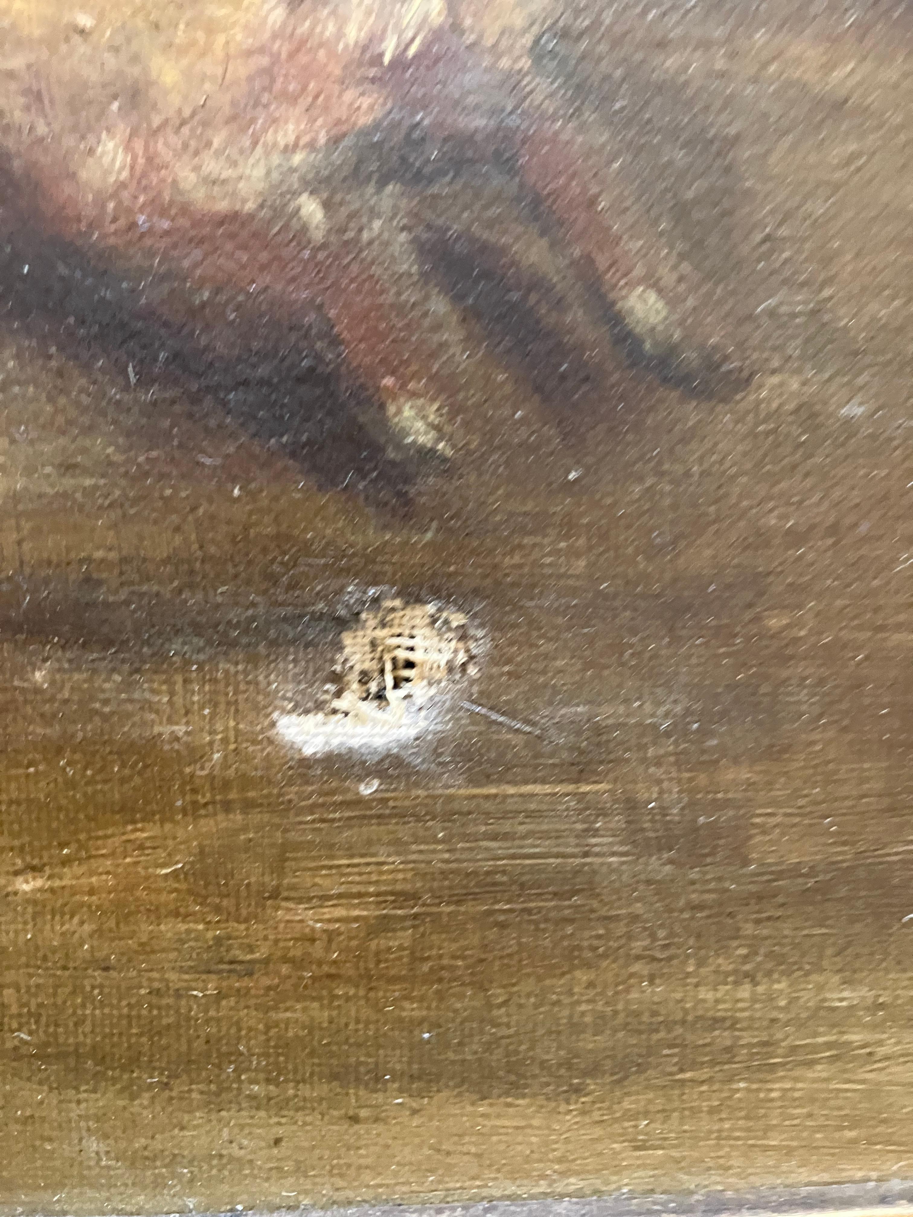 Charmantes Öl auf Leinwand aus dem 19. Jahrhundert mit Hasenmotiven. Das Gemälde scheint unsigniert zu sein. Es ist 15 Zoll breit und 10 Zoll hoch. Der Zeitraum Rahmen misst 17 3/4 Zoll breit von 12 3/4 Zoll hoch. das Gemälde hat ein paar Verluste