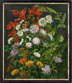 École danoise de la fin du XIXe siècle, Nature morte aux chrysanthèmes, peinture à l'huile 