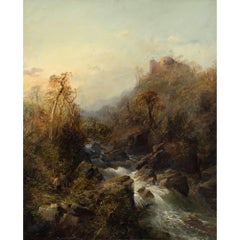 Late 19th-Century Düsseldorf School Landscape With Rushing Waterfall & Hikers