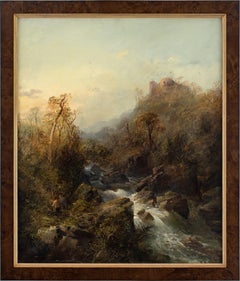Late 19th-Century Düsseldorf School Landscape With Rushing Waterfall 
Hikers