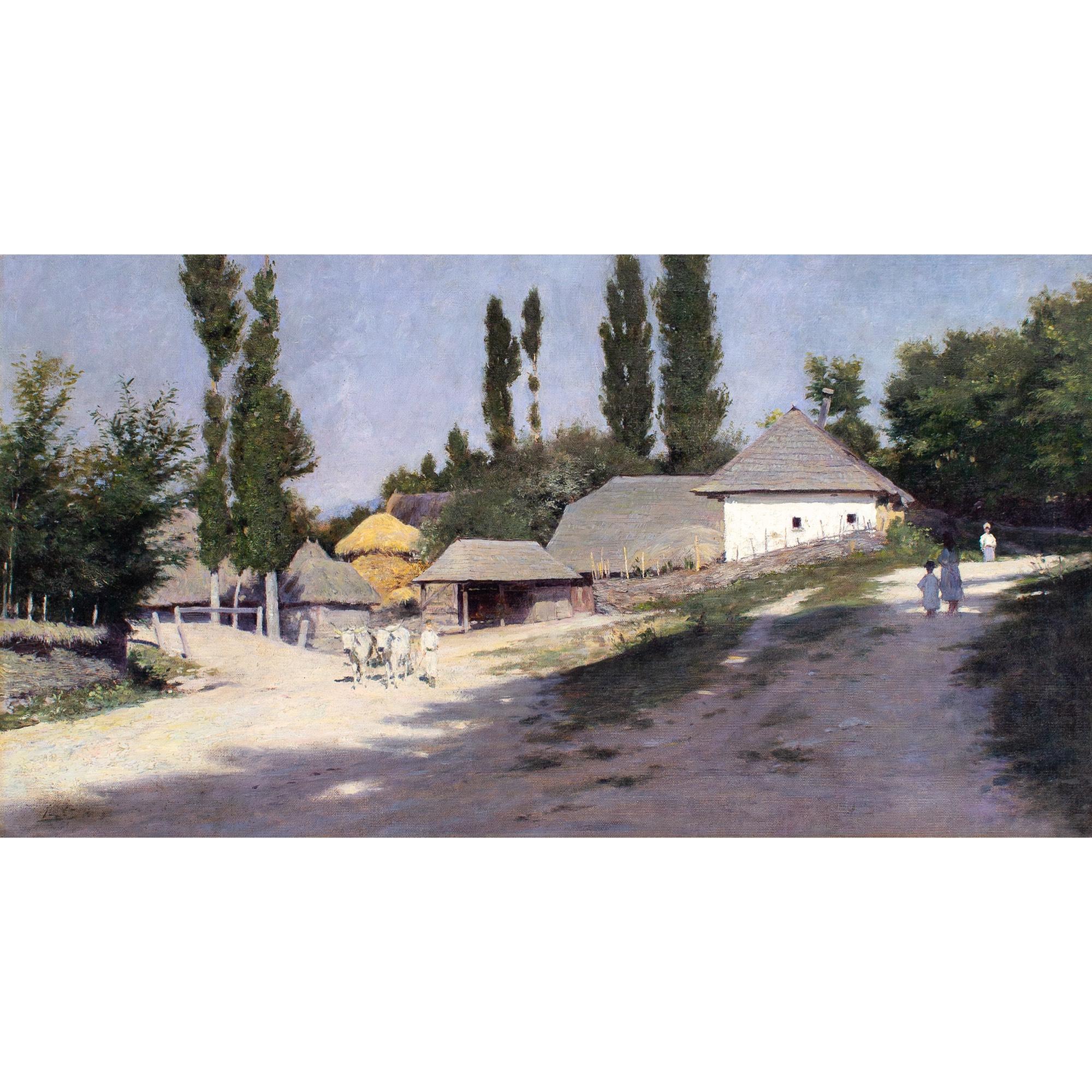 Scuola dell'Europa orientale della fine del XIX secolo, Paesaggio con edifici agricoli - Painting di Unknown