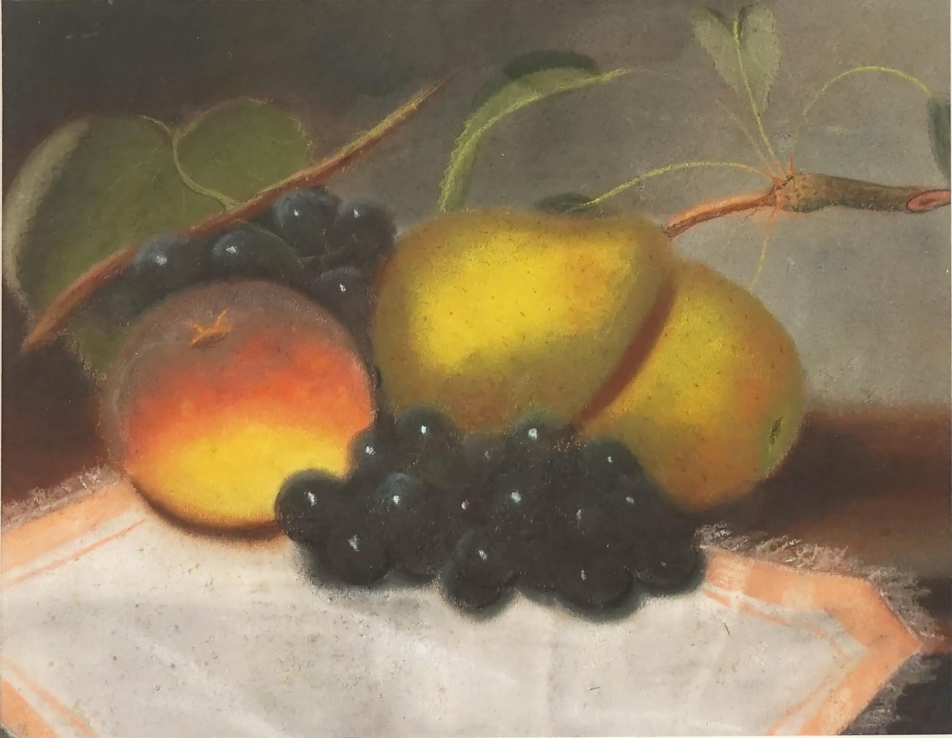 Late 19th Century English School Pastel Still Life of Grapes, Peach and Pears - Painting by Unknown