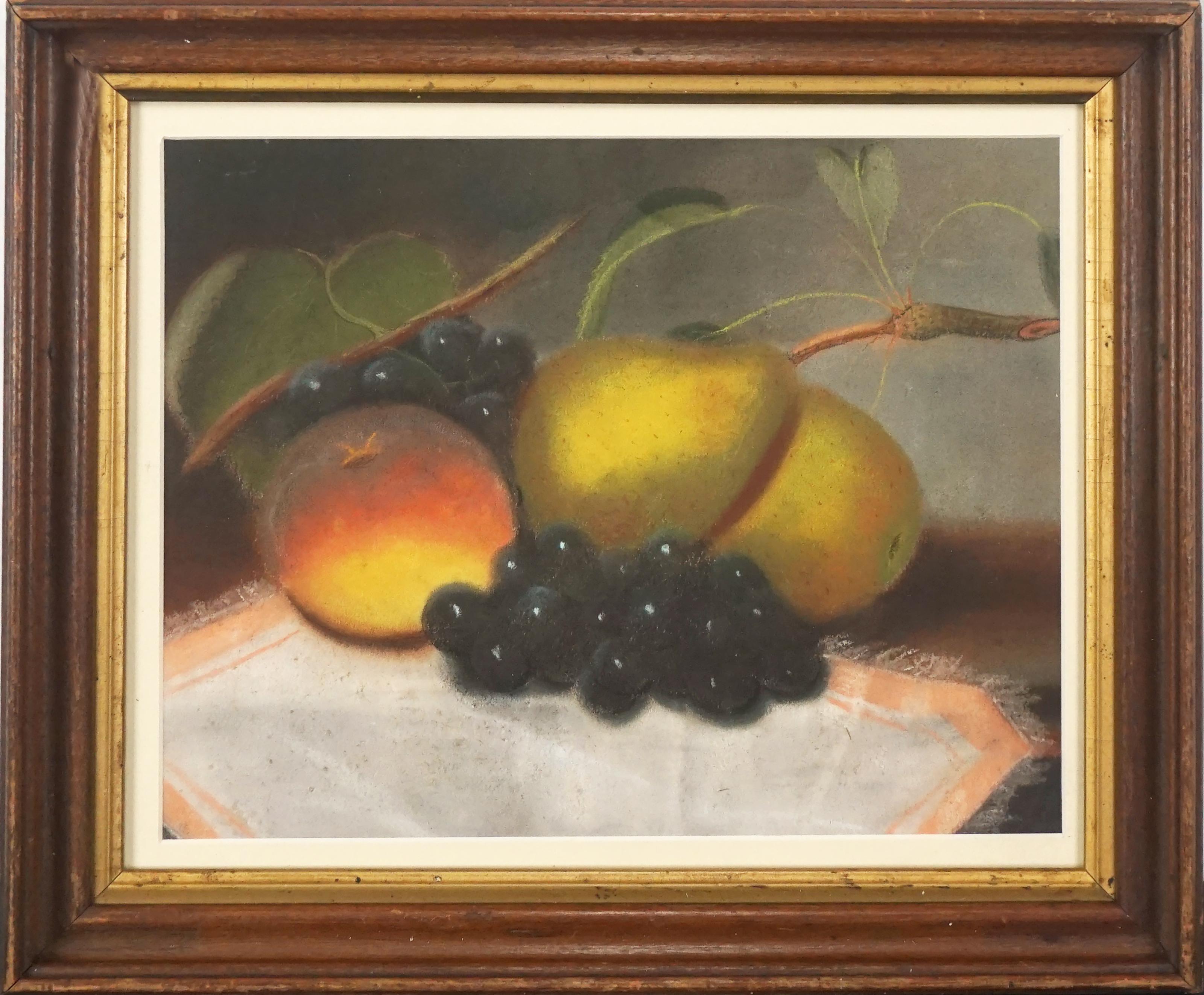 Unknown Still-Life Painting - Late 19th Century English School Pastel Still Life of Grapes, Peach and Pears