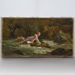 Late 19th Century European Academic Romanticism Nude Bather Oil Canvas Signed