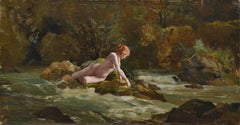 Late 19th Century European Academic Romanticism Nude Bather Oil Canvas Signed