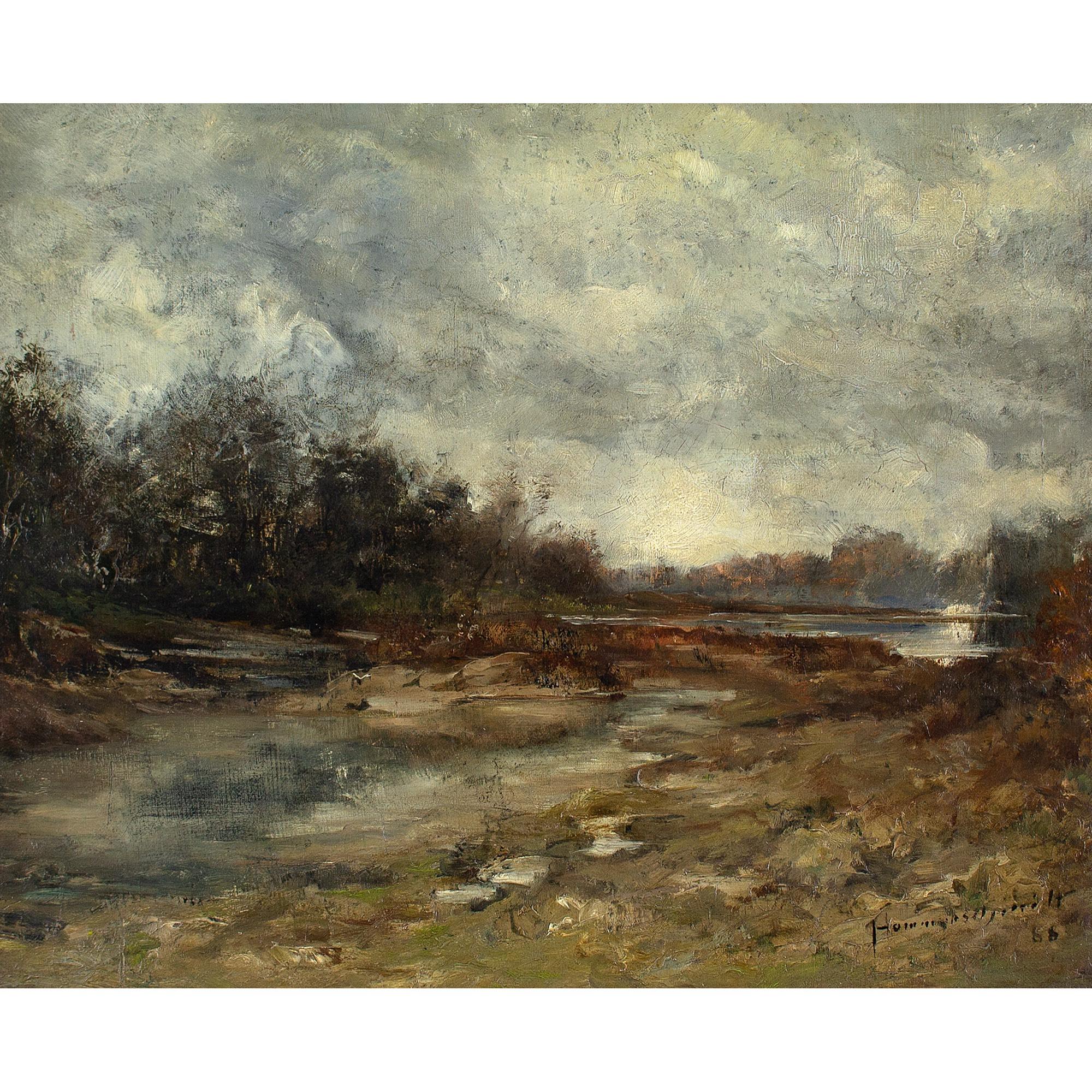 This late 19th-century impressionistic German oil painting depicts an autumnal day on the banks of the Isar River in Munich, Germany.

Under a spirited cloud-filled sky, the river winds through rugged scenery. The water captured in the foreground