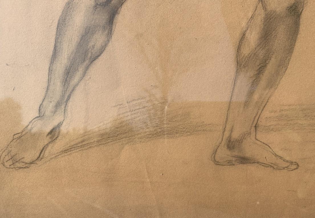 Italian painter (19th-20th century) - Academic male nude.

55 x 39 cm without frame, 63.5 x 46.5 cm with frame.

Pencil and white chalk drawing on paper, in a lacquered wooden frame.

Condition report: Paper and drawing in good condition. With some